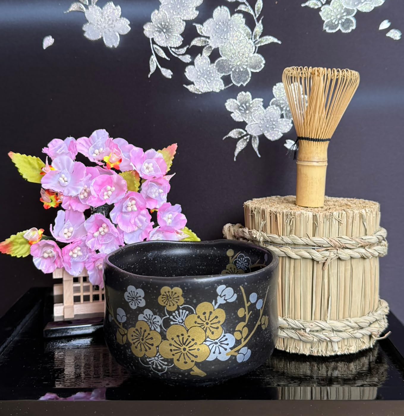 Japanese Traditional Mino Ware Handcrafted Mini Matcha Chawan Tea Bowl Cup Set With Chasen Bamboo Tea Whisk Ceremony Tableware Pottery (Tenmoku Ume)