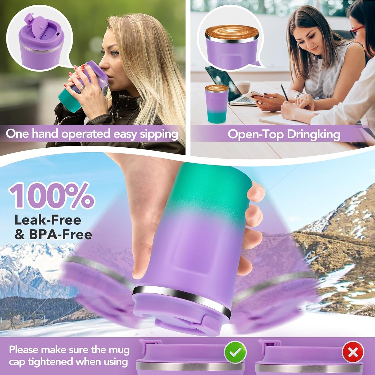 Volhoply 12 oz Double Wall Insulated Vacuum Travel Coffee Mug with Flip Lid,Reusable Stainless Steel Leak Proof Coffee Cup,Portable Iced Cafe Thermal Tumbler for Hot & Cold Drinks(Purple Green,1 Set)