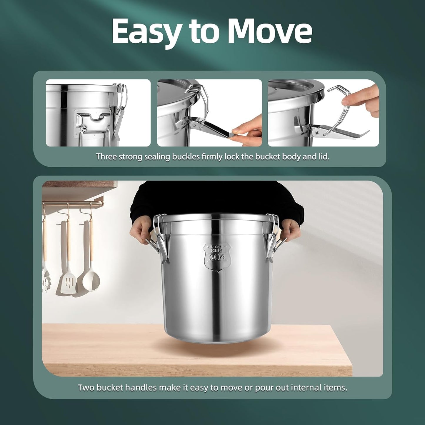 PERFERATE 304 Stainless Steel Airtight Canister 6L/12L Food Storage Bucket with Lids and Sturdy Locking Clamp Metal Cereal Rice Storage Container for Flour, Coffee Bean, Sugar, Cookie (21L)