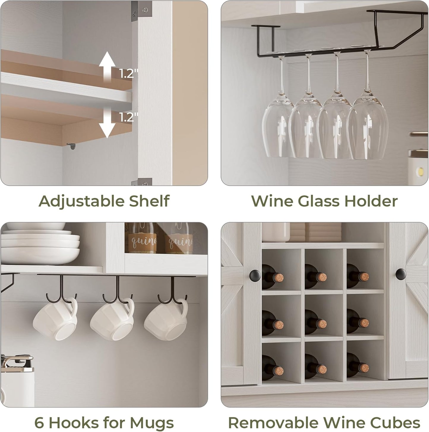 IRONCK 72'' Coffee Bar Cabinet with Storage, Large Kitchen Hutch with Power Outlet & LED Light, Tall Bar Cabinets with 3 Drawers & Wine Glass Rack, Sliding Barn Door China Cabinet for Home, White