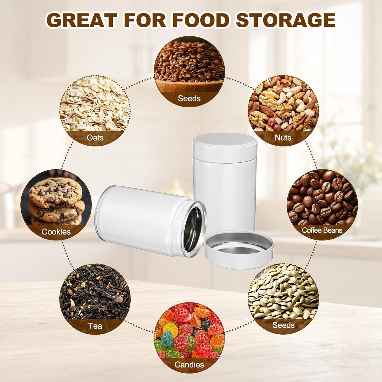 uxcell 2Pcs Round Tea Canisters, 5" x 3" Airtight Metal Tea Containers for Loose Tea, Coffee Beans, Spices - Durable, Compact, and Stylish Storage Tea Tin (White)