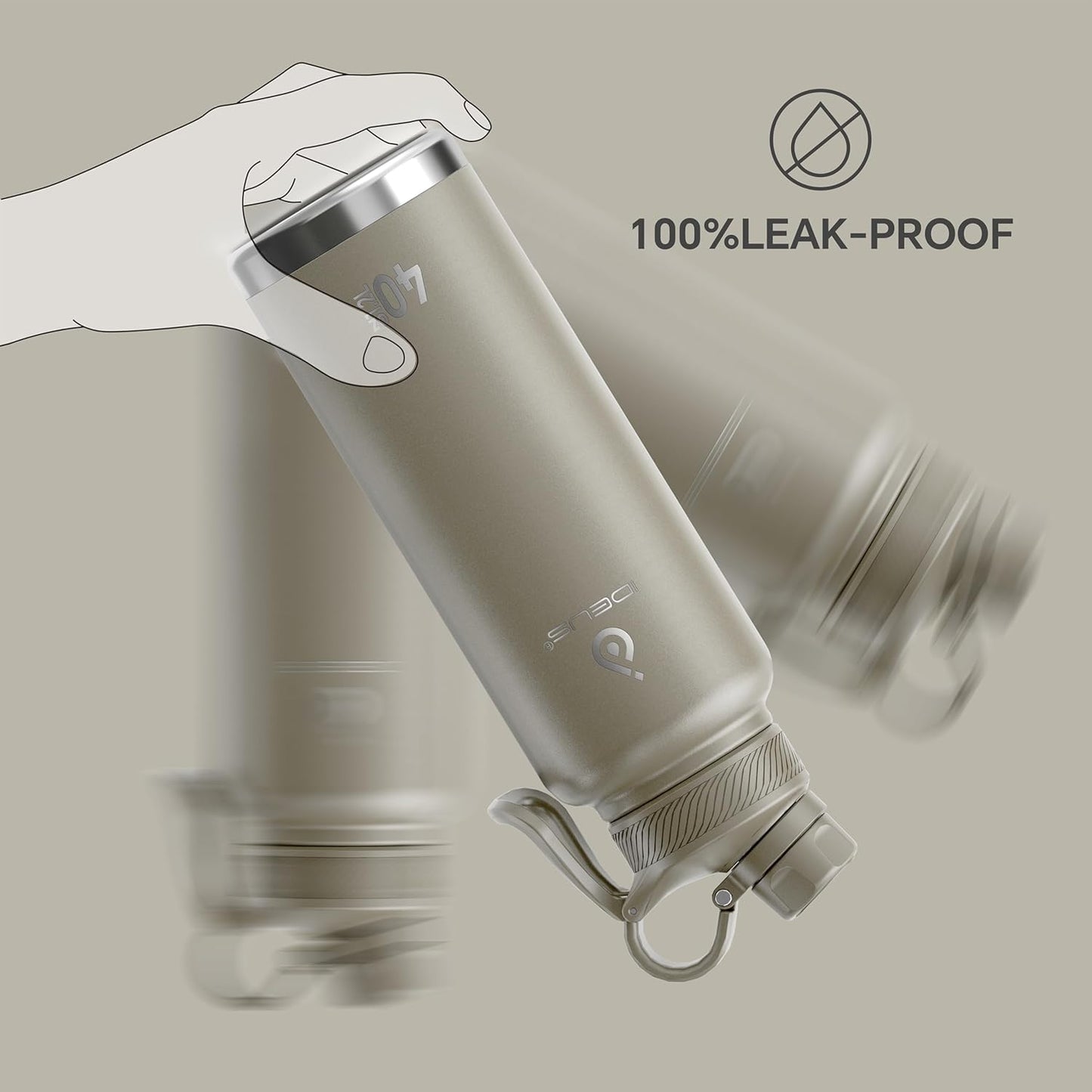 IDEUS Insulated Stainless Steel Water Bottle with 2 Leak-Proof Lids, Thermal Water Flask for Hiking Biking, 40oz, Celadon