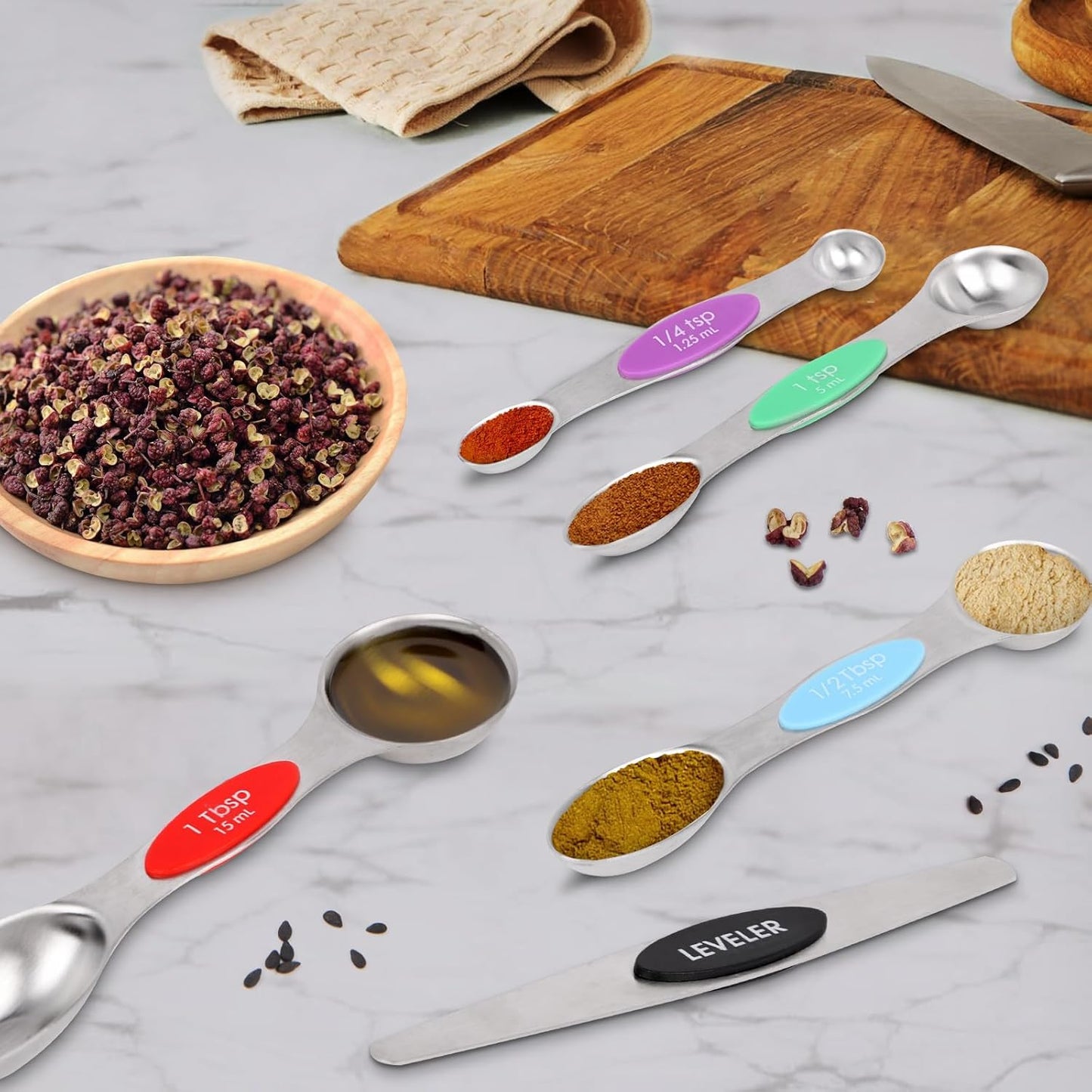 Magnetic Measuring Spoons Set - 7-Piece Stainless Steel Dual Sided Spoons with Leveler, Rustproof Nesting Design for Cooking, Baking & Medicine (US/Metric Markings, Dishwasher Safe)