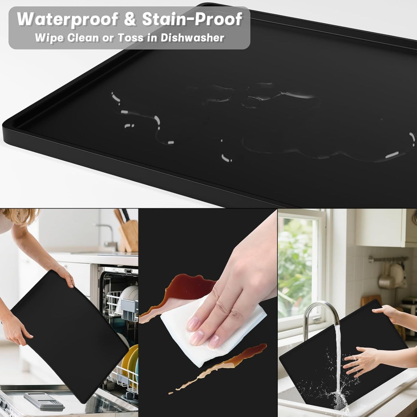 Rnivvi Silicone Coffee Mat, 16" x 24" Waterproof Raised Edge Coffee Bar Mats for Espresso Machine Station Accessories, Heat Resistant Detachable Dish Drying Pad for Kitchen Counter, Dish Rack, Black