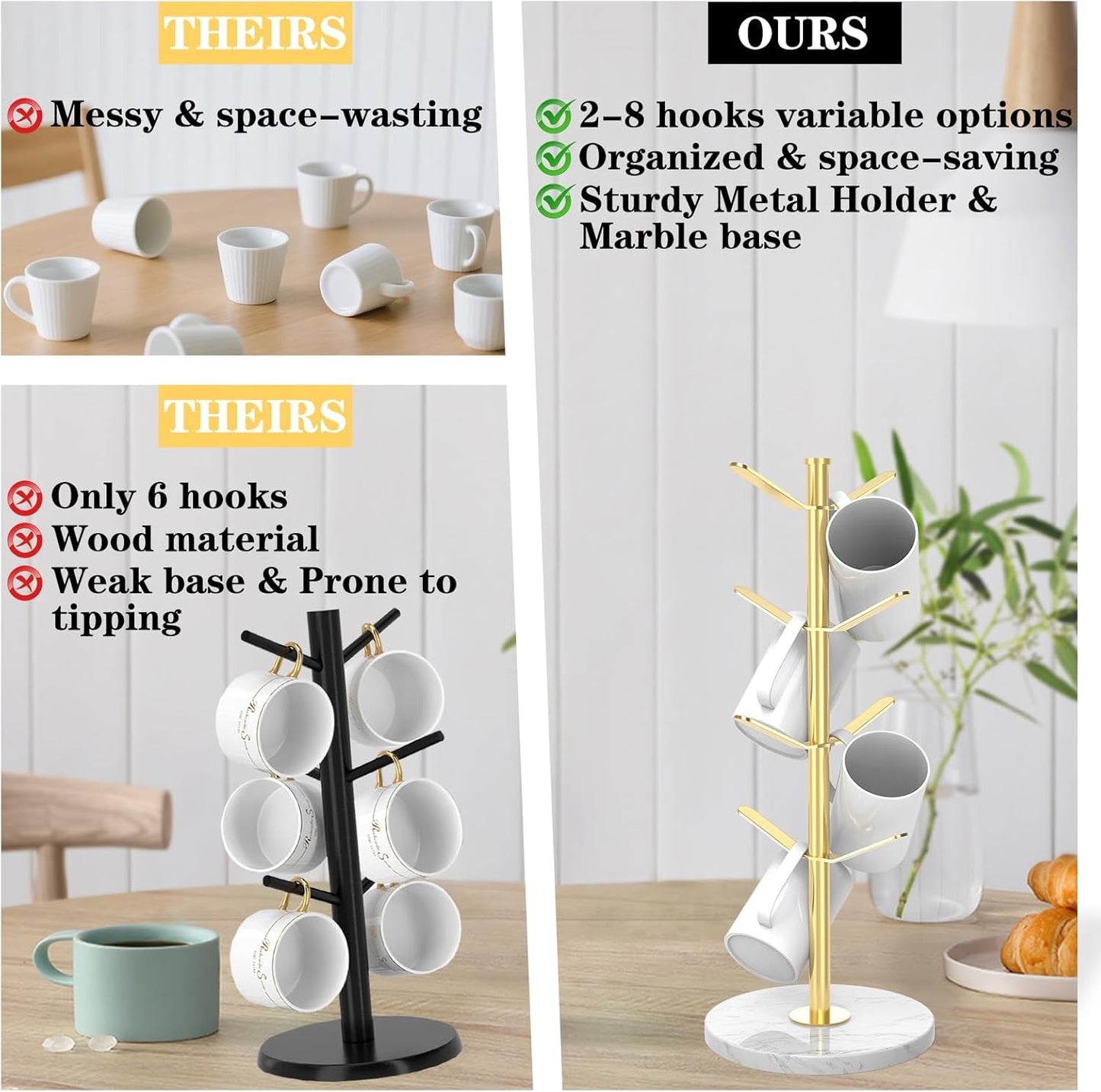 Marble Mug Holder Tree with 8 Hooks, Stainless Steel Coffee Cup Holder, Non-Slip Silicone Pads, Heavy Duty Marble Base, Countertop Organizer for Kitchen & Cafe, Gold