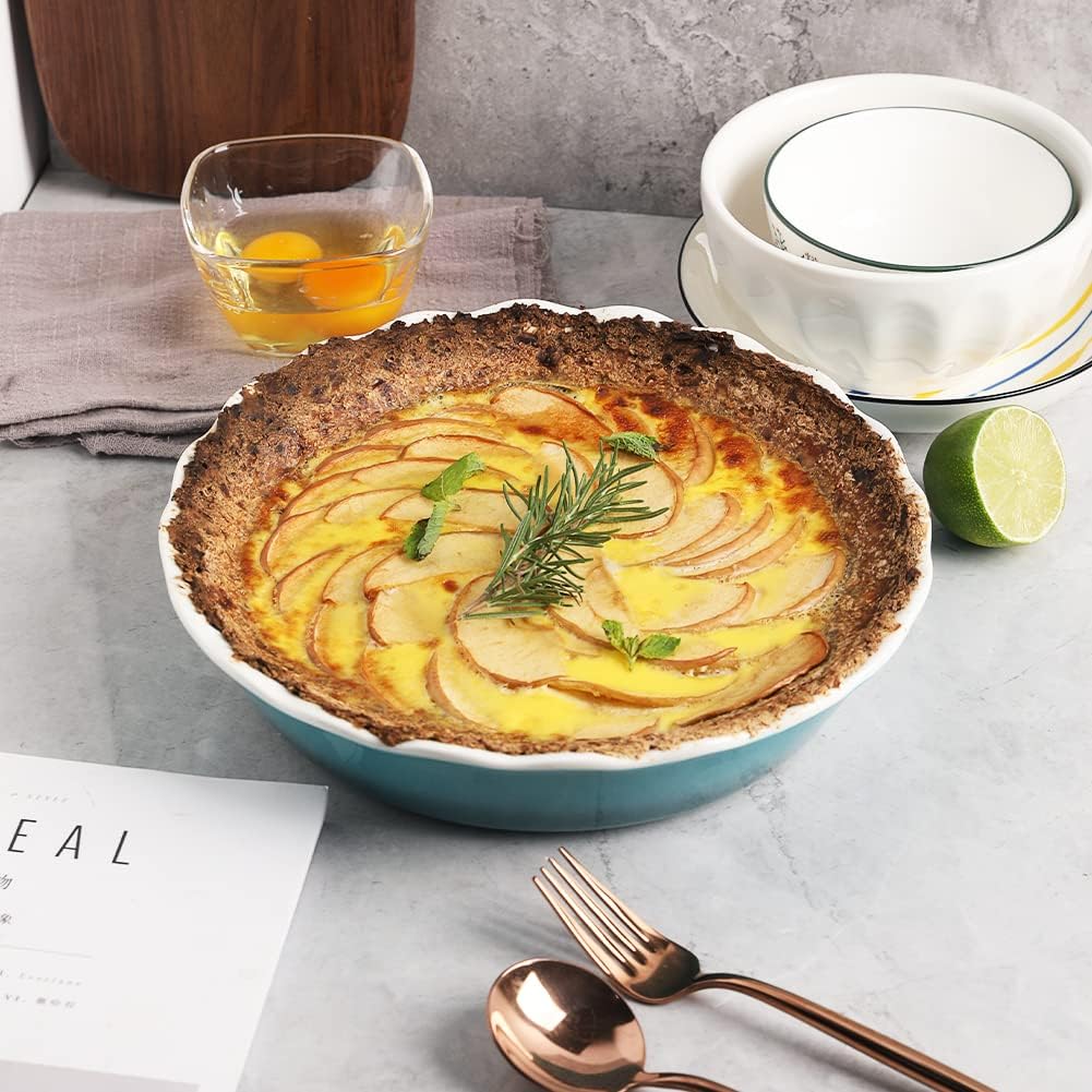 Sweejar Ceramic Pie Pan - 10 Inch Round Baking Dish for Dinner, Non-Stick with Soft Wave Edge for Apple, Pumpkin and Pot Pies (White)