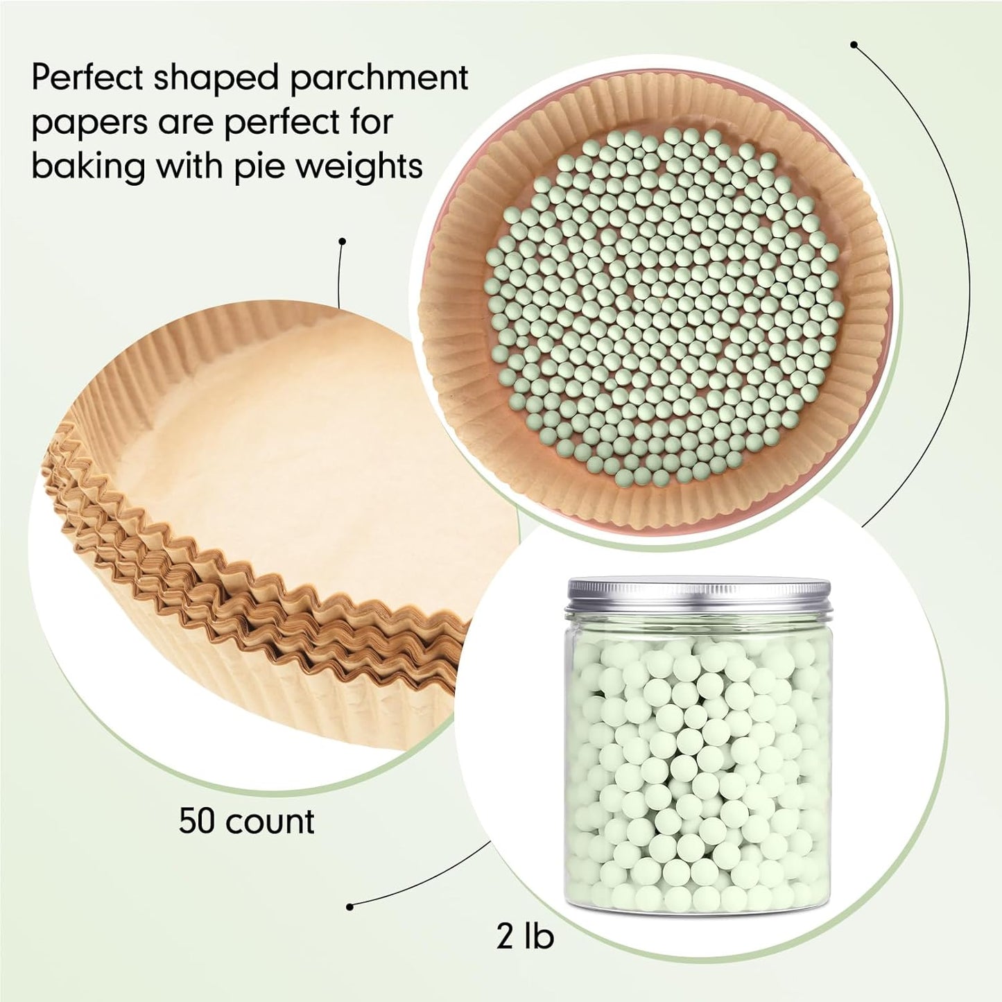 1 Pack Light Green 2 lb Pie Weights for Baking Crust Ceramic Weights Blind Baking Beads with 50 Pcs Disposable Parchment Paper Pie Liner Fit 8,9,10 Inch Dish