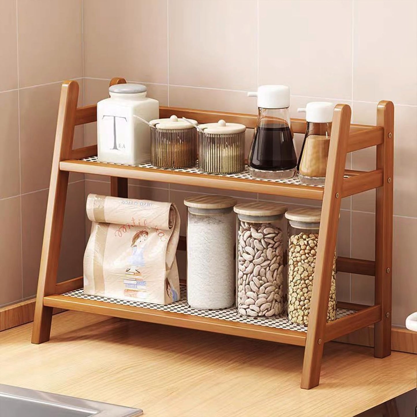 Wicker-Look Coffee Station Organizer, Bamboo Mug Holder Countertop, Kitchen Counter Shelf for Tea Coffee Bar Accessories, Matcha Stand, Cup Display, Condiment Storage Rack, 2 Tier, Brown