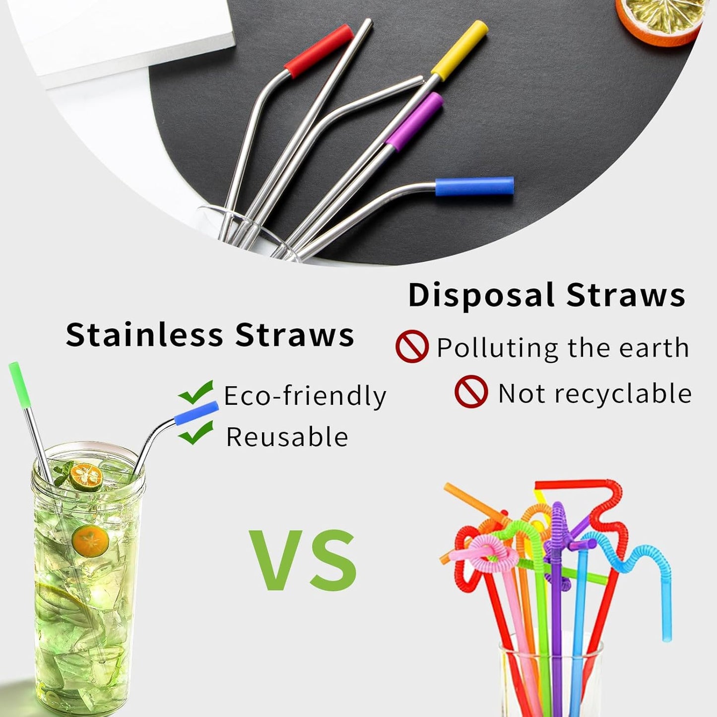 Lazycorner 16 Pcs Metal Straw Reusable 8.5" 10.5" 6mm Stainless Steel Straws for Kids,20oz-32oz, Silver Drinking Straws with Silicone Tips, 4 Straw Cleaner Brush, 1 Travel Case