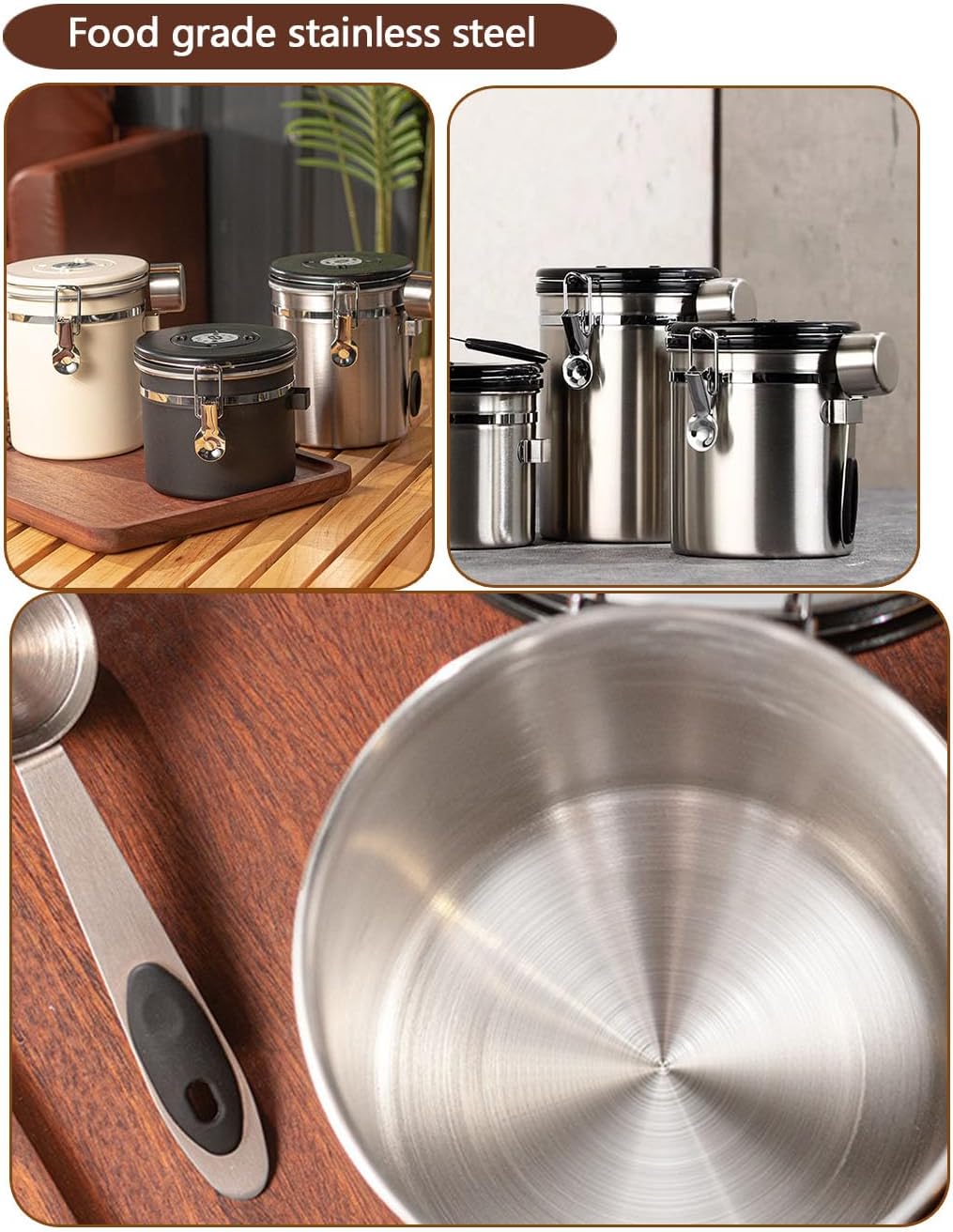 Coffee Canister Airtight Storage Container 1.8L Stainless Steel Air Tight Coffee Jar with Scoop, Date Tracker CO2 Release Valve for Dry Food, Beans, Ground, Tea, Flour, Cereal and Sugar (Silver)