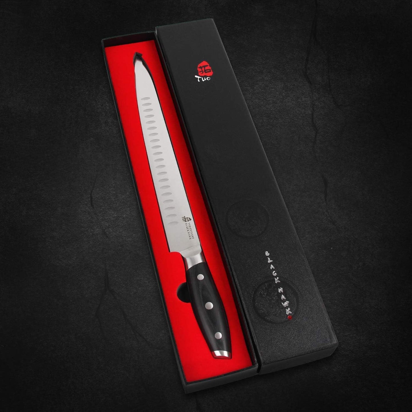 TUO Carving Knife - 12 Inch Brisket Carving Knife for Meat and Turkey - High Carbon German Steel - Pakkawood Handle with Gift Box - BLACK HAWK SERIES