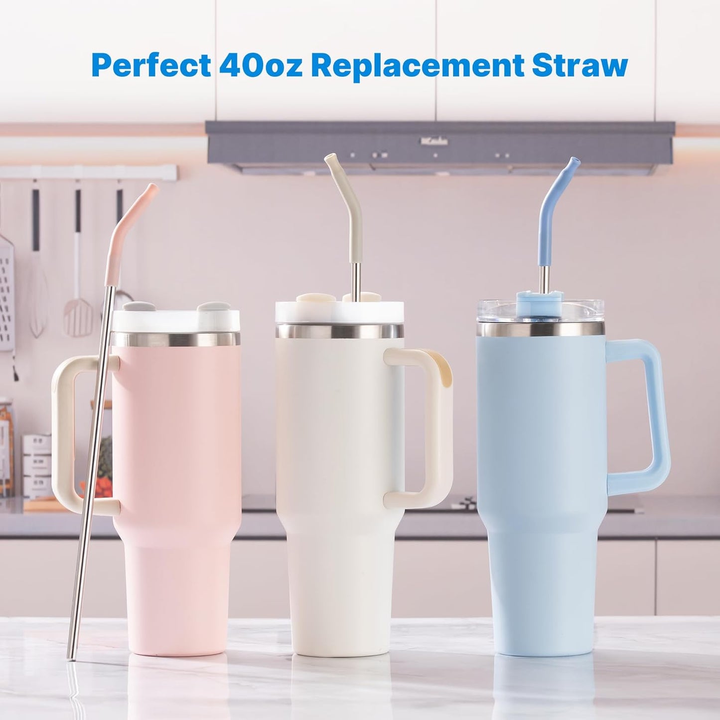 Metal Straw with Silicone Tip for 40oz Stanley Cup, 2 Pcs Stainless Steel Straws Replacement for Stanley 40 oz Adventure Quencher Travel Tumbler Cup, 1 Straw Brush (Light Gray)