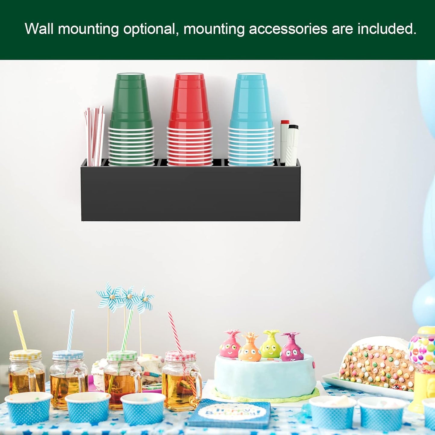 Triple Cup Holder with Marker Slot, Party Cup Dispenser Acrylic Cup Organizer Mark Your Cup and Drink Up Caddy Modern Bar Counter Decor, Black