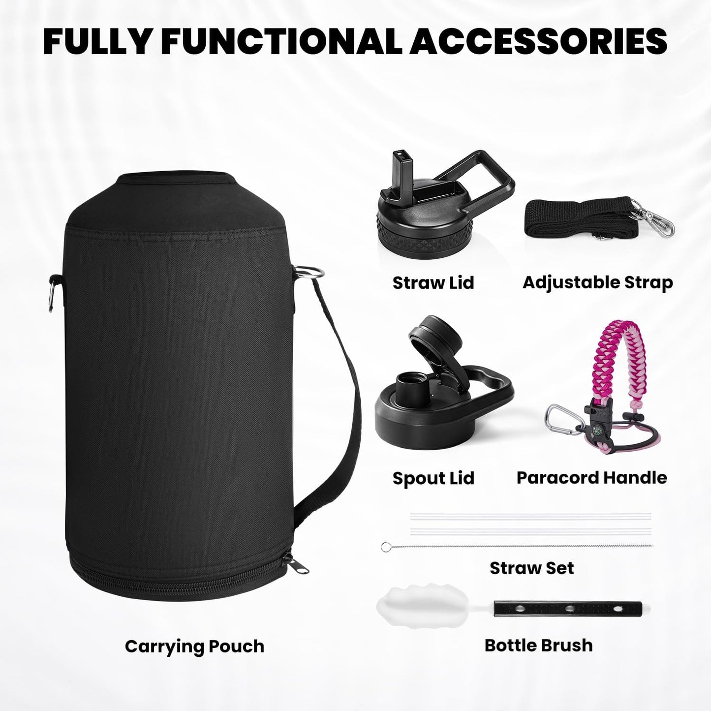 One Gallon Water Bottle Insulated, Triple Walled Vacuum Stainless Steel (Cold for 48 Hrs), Leak Proof & Non-BPA, Large Water Flask Jug with Paracord Handle & Straw Spout Lids