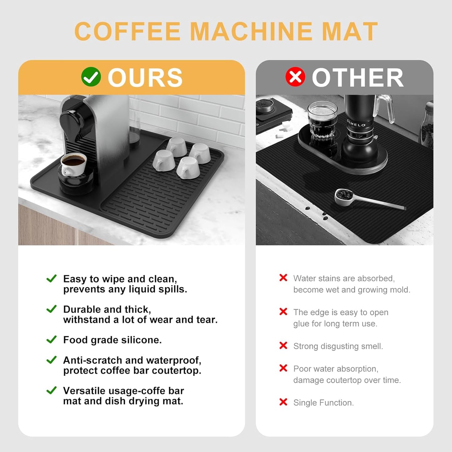 Silicone Coffee Mat,16''x16'' Coffee Bar Mat with Detachable Dish Drying Mat for Kitchen Countertops,Coffee Bar Accessories Fit Under Coffee Maker Coffee Machine Coffee Pot Espresso Machine Dish Rack