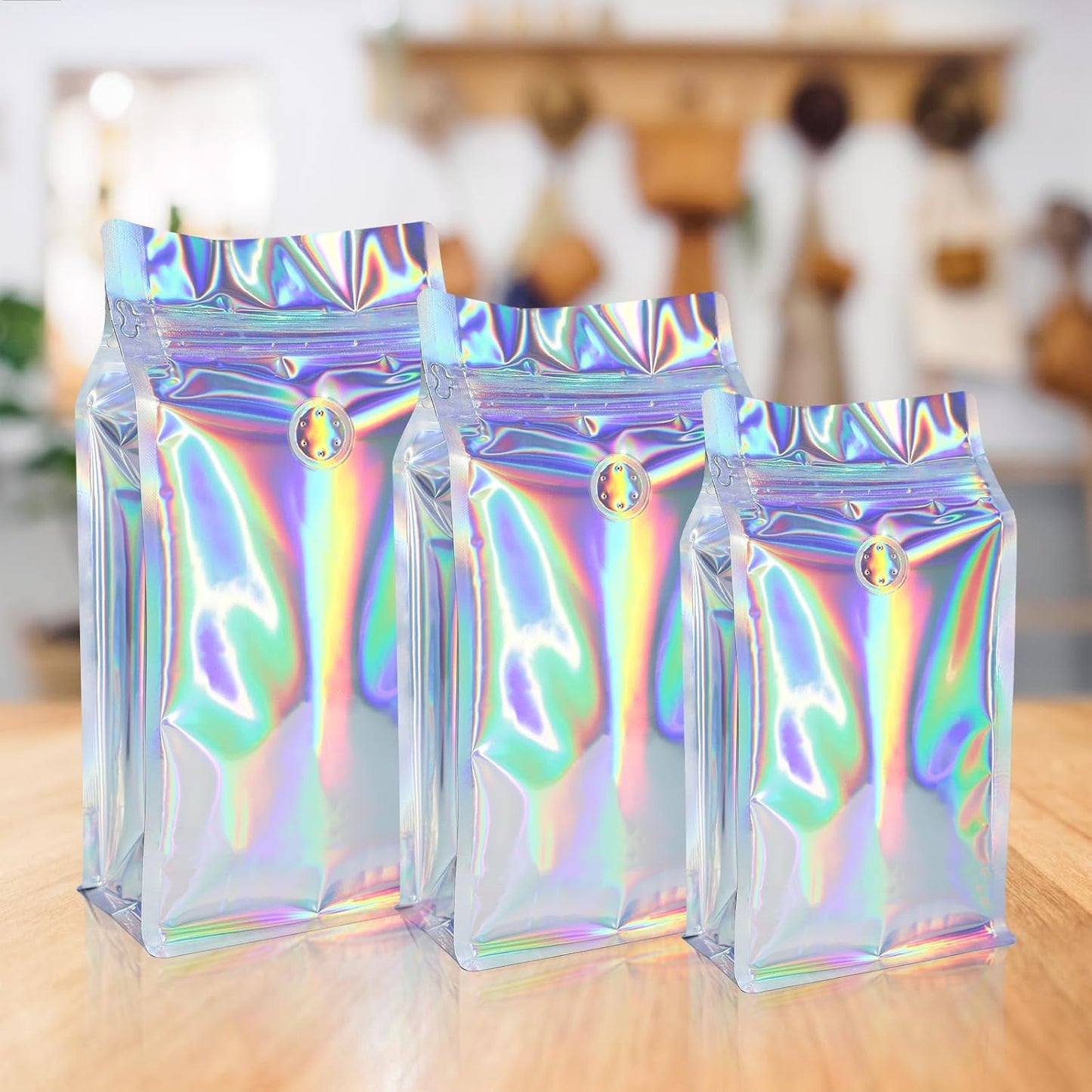 Coffee Bags with Valve (50 PCS,32oz/2lb) Holographic High Barrier Aluminum Foil Flat Bottom Standing Coffee Beans Storage Packaging Bags, Reusable Heat Seal Side Zipper Pouches for Small Business