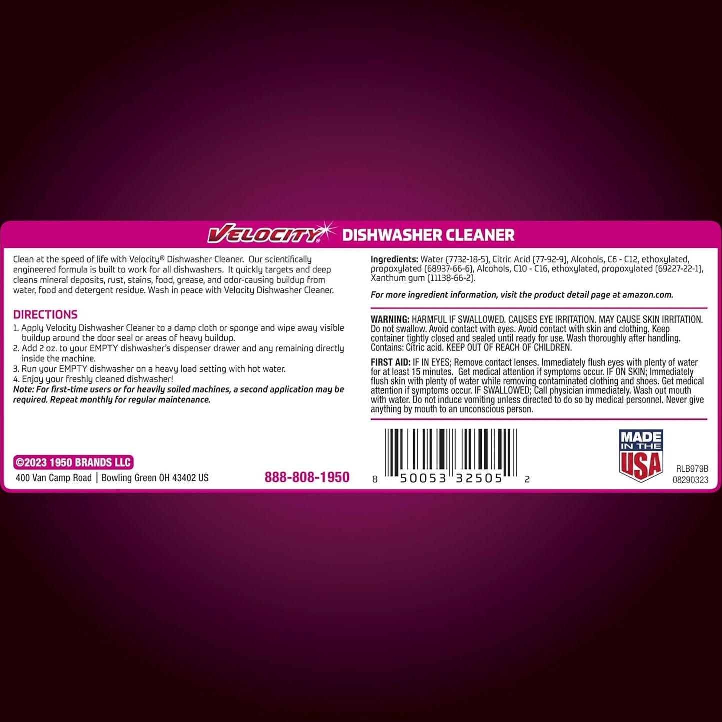 Velocity Dishwasher Cleaner and Deodorizer – 8 Uses Per Bottle. Dishwasher Cleaner and Descaler Deodorizes Interior for Sparkling Dishes, Freshens Machine & Neutralizes Odor