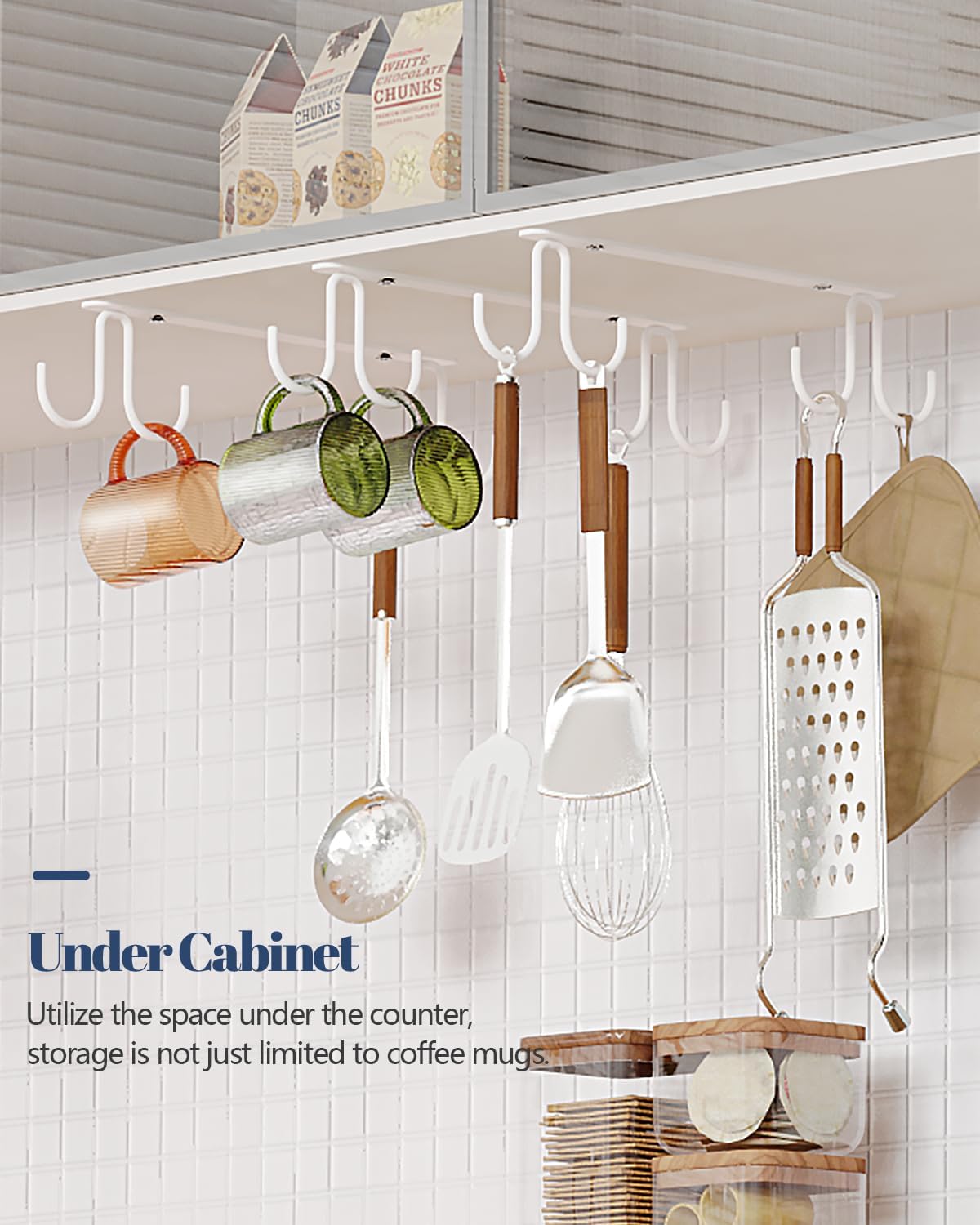 Mug Hooks Under Cabinet 3 Pack, Coffee Cup Hooks for Hanging Under Shelf, Mug Organizer Rack with 12 Hooks for Displaying Mugs, Coffee Cups and Kitchen Utensils, White