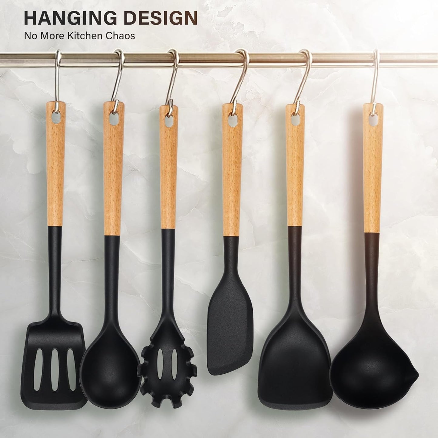 Silicone Cooking Utensils Set, Heat Resistance Large Kitchen Utensils Set with Long Wooden Handle, BPA-free Silicone Spatula, 6 Pcs Cooking Spoons for Non Stick Frying Pans and Pots(Black)