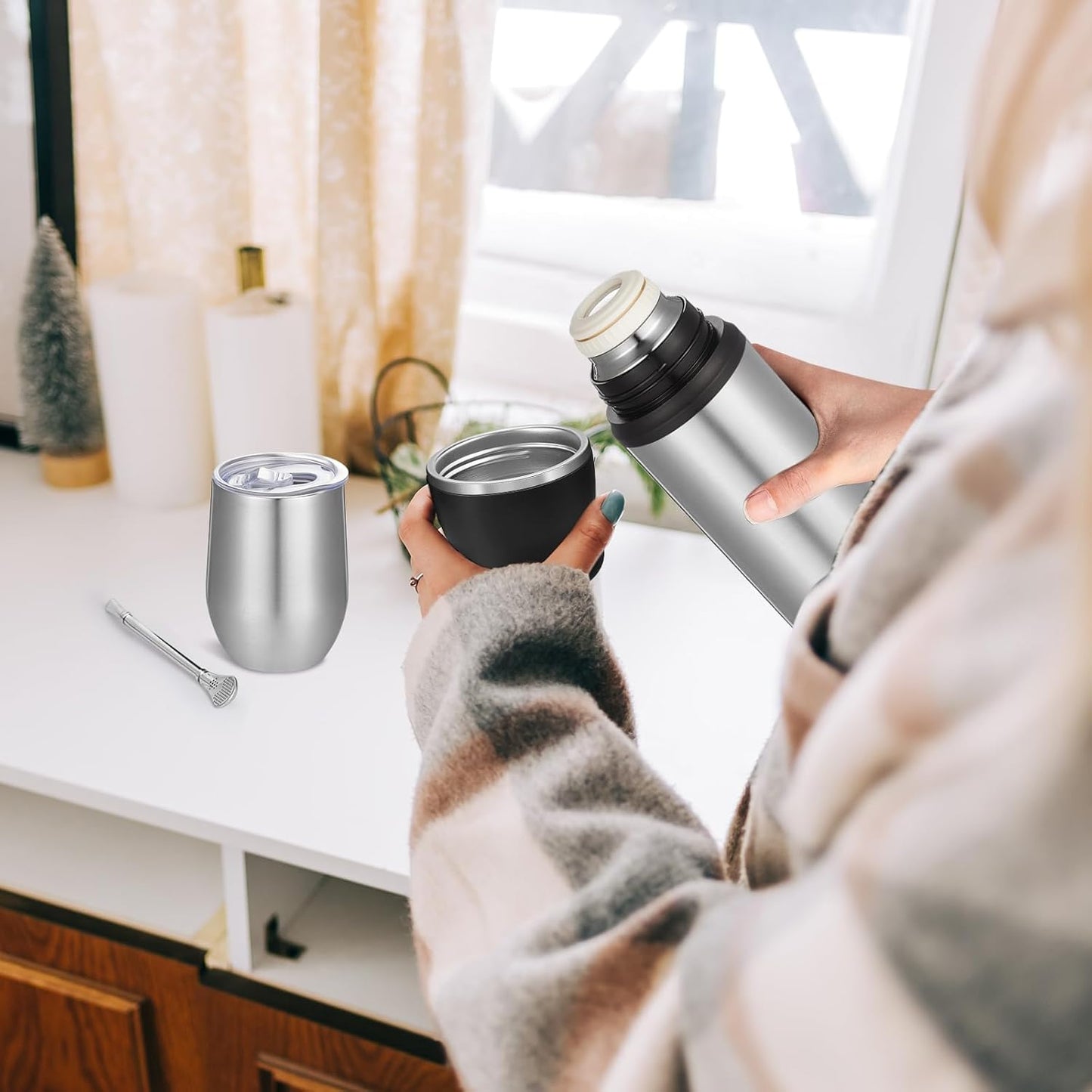 Dandat 2 Pieces Yerba Mate Cup and Vacuum Bottle Kit 12 oz Yerba Mate Gourd Cup and Bombilla Set for Travel, Turn The Cup Upside Down to Pour out All The Water(Steel Color)