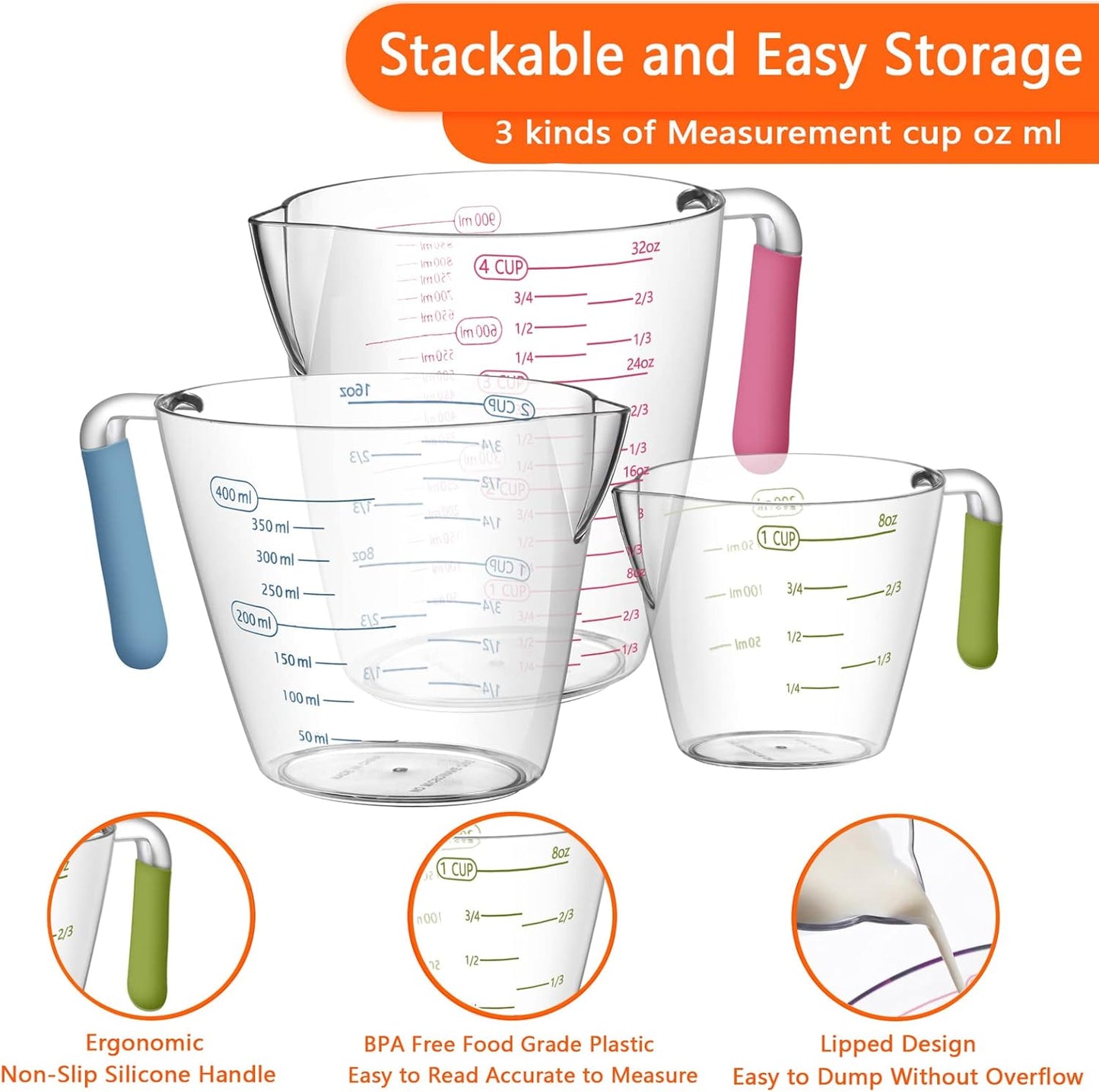 Measuring Cups and Spoons Set of 20 - Stackable Stainless Steel Measuring Cups Spoons & Plastic Measuring Cup for Dry and Liquid Ingredients, Cooking & Baking Kitchen Gadgets