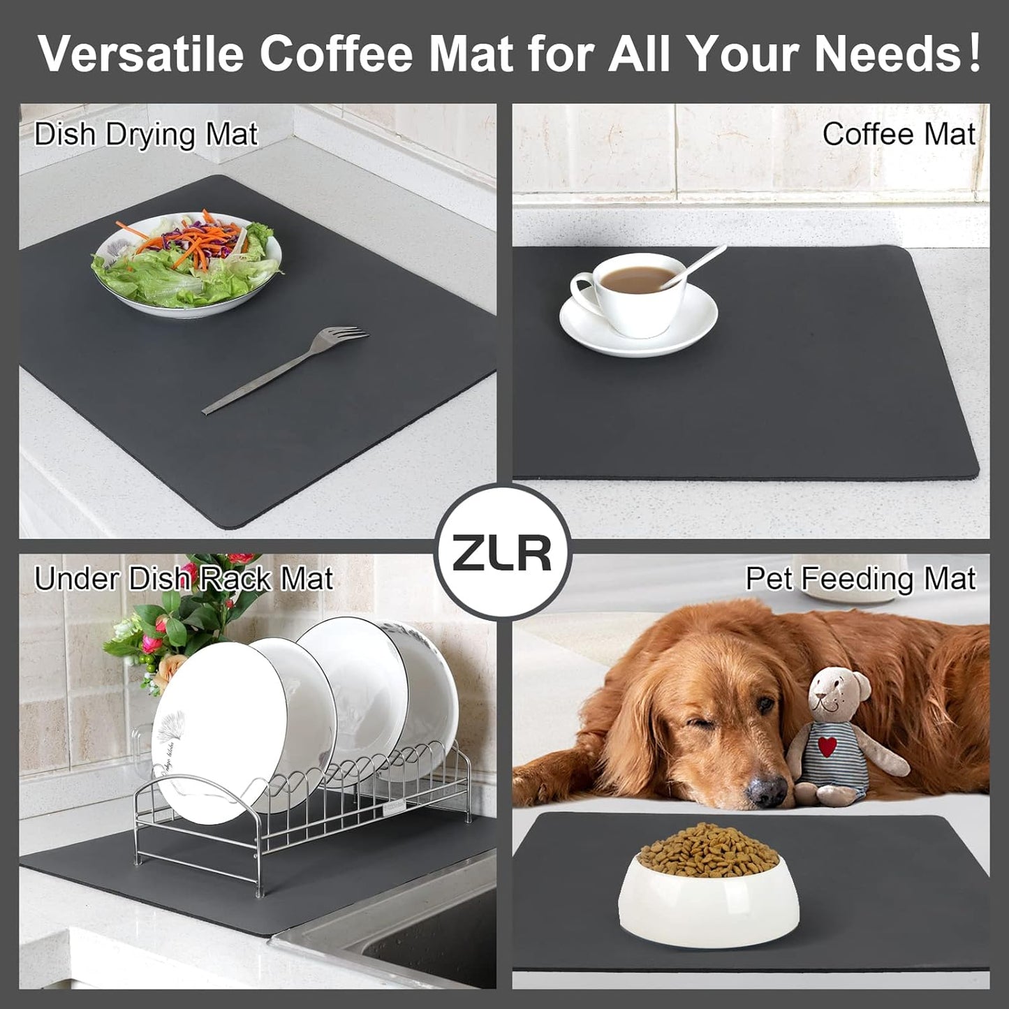 ZLR Coffee Mat - 16" x 20" Large Kitchen Hide Stain Absorbent Dish Drying Mat for Countertop - Easy to Clean Coffee Bar Mat for Espresso Machine and Spill Protection - Dark Gray