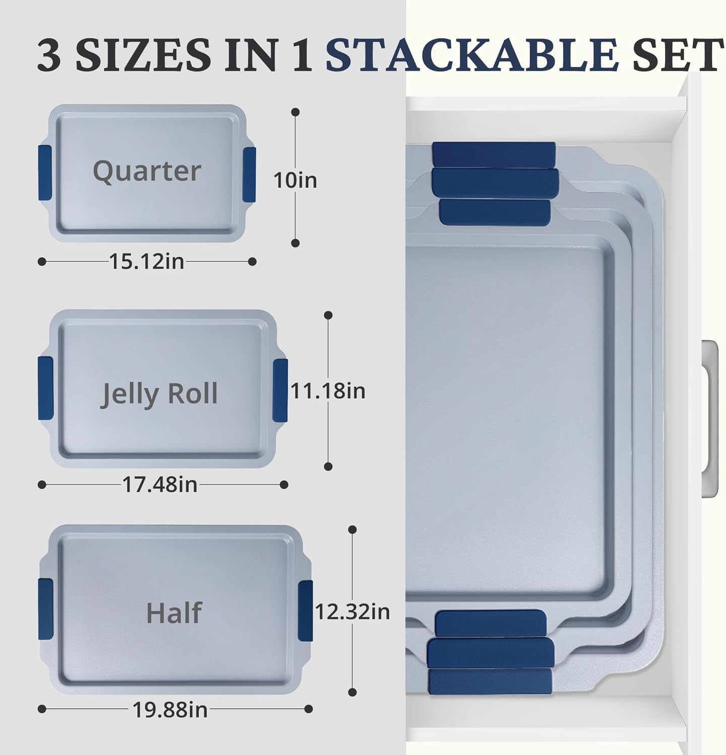 BRONYPRO Non Stick Ceramic Baking Sheet Pan Set of 3, Natural Non Toxic Cookie Sheets for Baking - PFOA, PTFE Free, Heavy Duty Aluminized Steel Oven Trays for Cooking with Silicone Handles, Navy