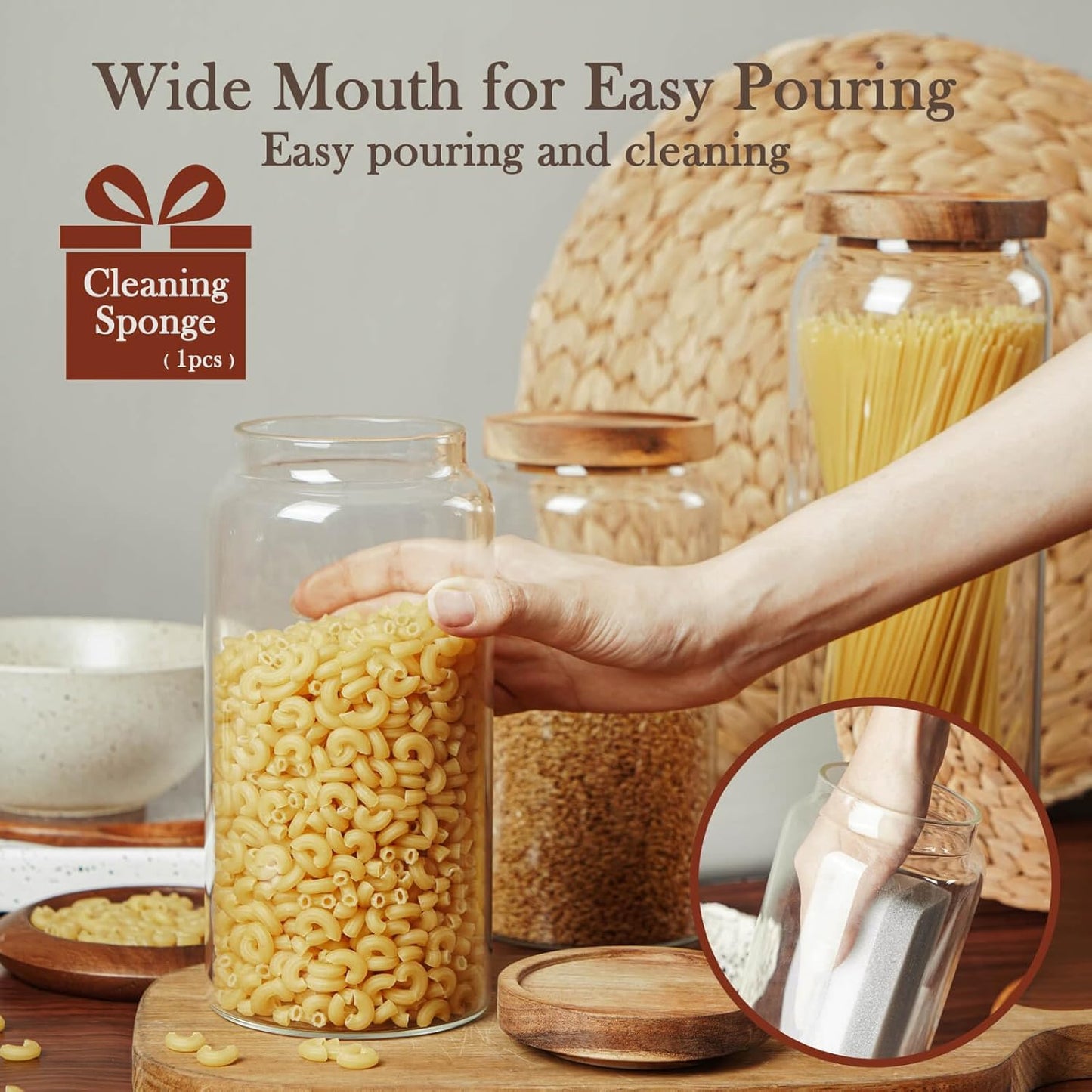 Labina Glass Storage Container Airtight Food Jars Kitchen Canister with Wood Lids, 40 Oz Wide Mouth Pantry Organization Glass Jar for Flour, Sugar, Cookie, Spagetti, Nuts and Candy