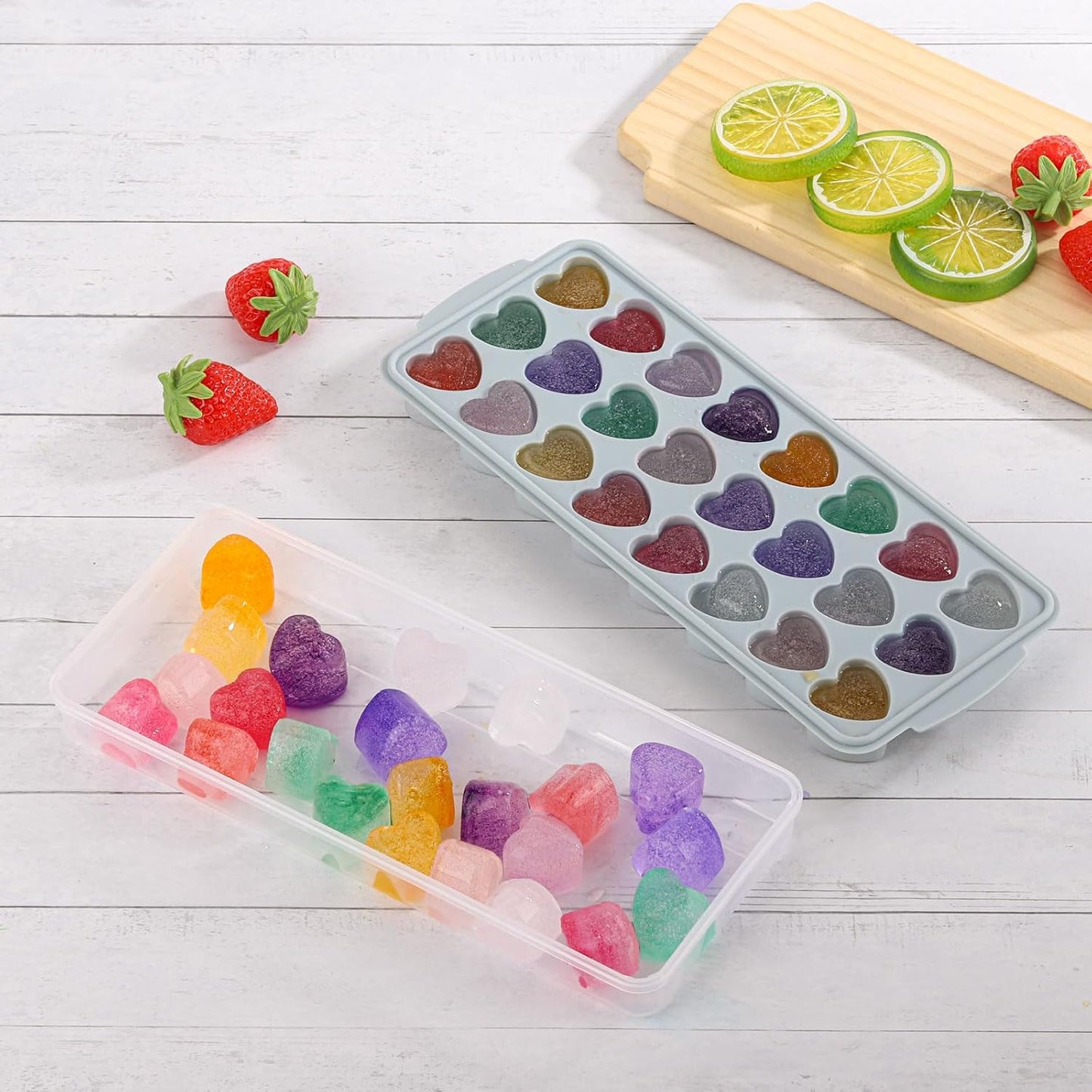 Heart Shaped Ice Cube Trays with Lid and Bins, Silicone Chocolate Mold, Easy Release Ice Trays, 24-Cavity Heart Molds for Ice Cubes, Gelatine, Baking and Candy