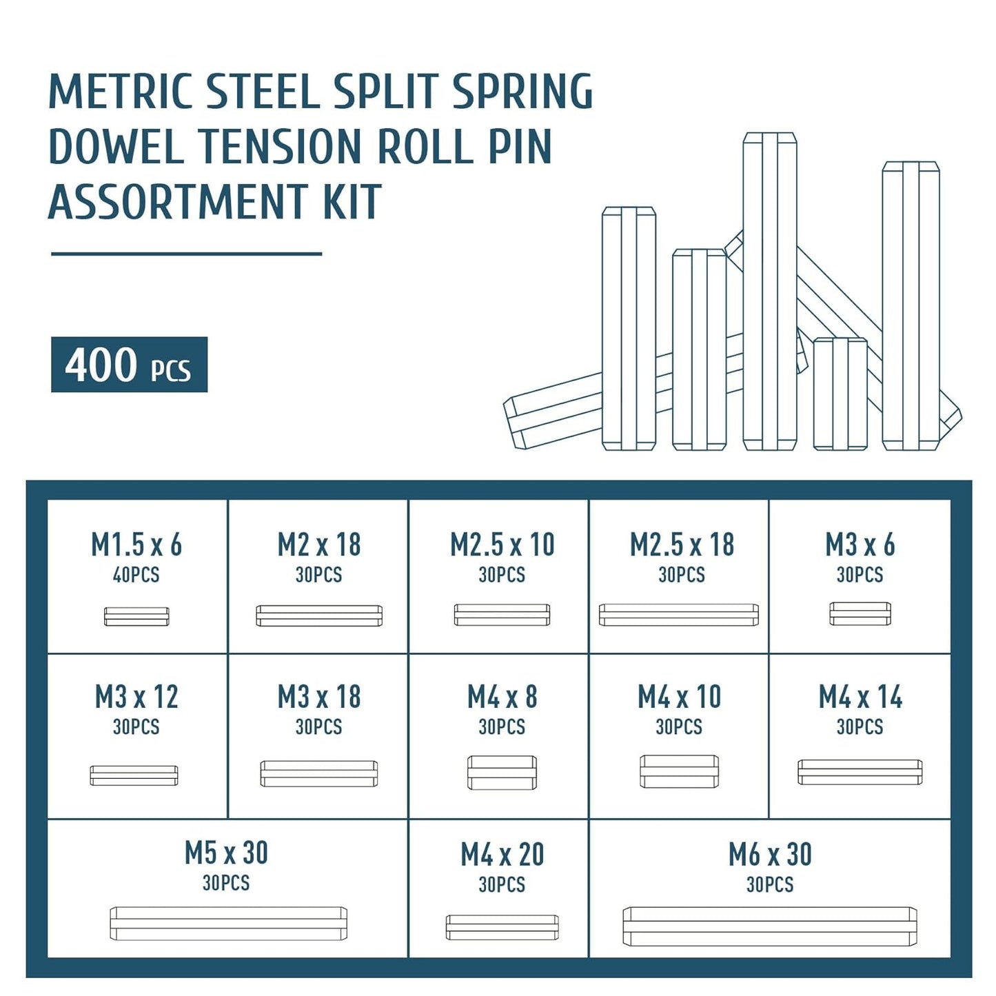 ZELCAN 400pc Roll Pin Set, M1.5 M2 M2.5 M3 M4 M5 M6 Slotted Metric Spring Pins in Various Lengths, Steel Split Expansion Pin Hardware Assortment Kit