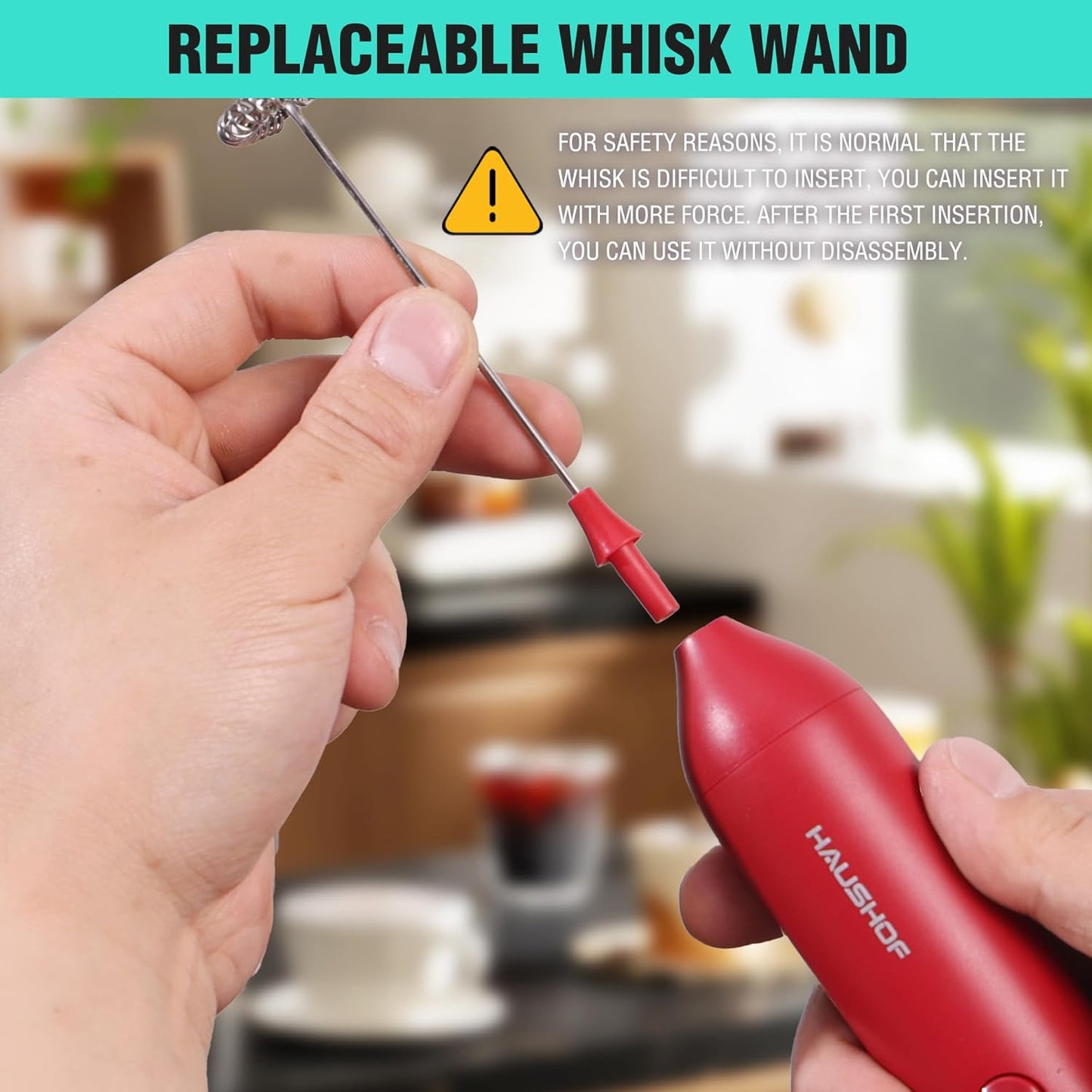 HAUSHOF Powerful Rechargeable Milk Frother Wand with Stand, Handheld Electric Foam Maker, Drink Mixer with Detachable Stainless Steel Whisk for Coffee Latte, Cappuccino, Matcha, Red