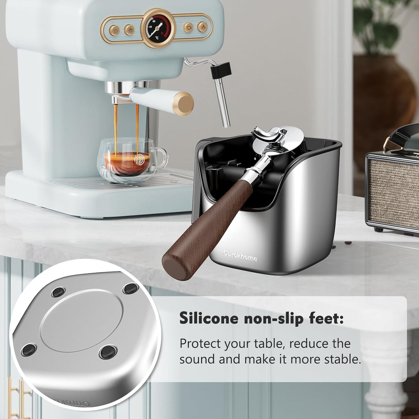 Ourokhome Knock Box Espresso Accessories, The Latest Patented Stainless Steel Espresso Machine Tool for Coffee Ground with Removable Knock Bar, Handle and Lid, Dishwasher safe, 4.8 inch