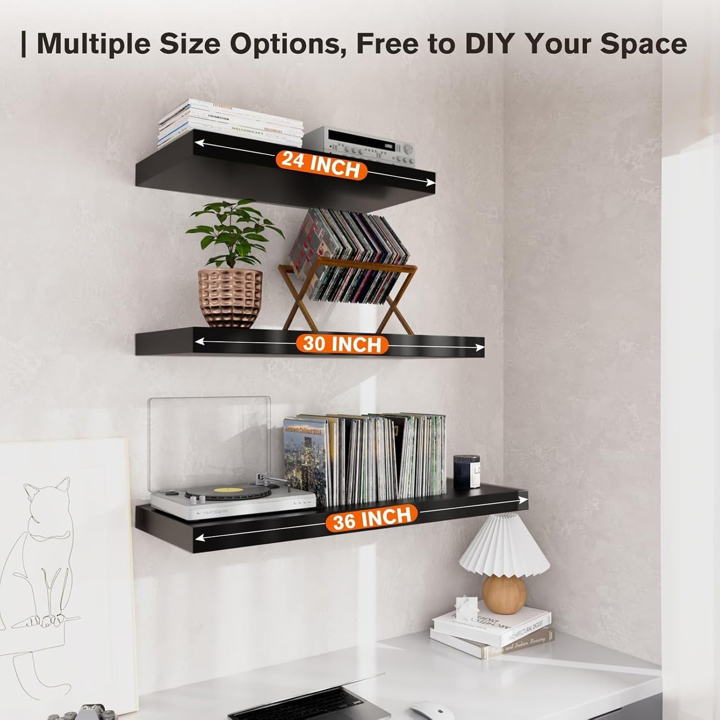 Floating Shelf, Set of 3 Wall Shelf, 30 in W x 12.75 in D x 2 in H Wooden Floating Wall Shelf with Invisible Brackets for Living Room/Bedroom/Bathroom/Kitchen Storage and Decor, Black