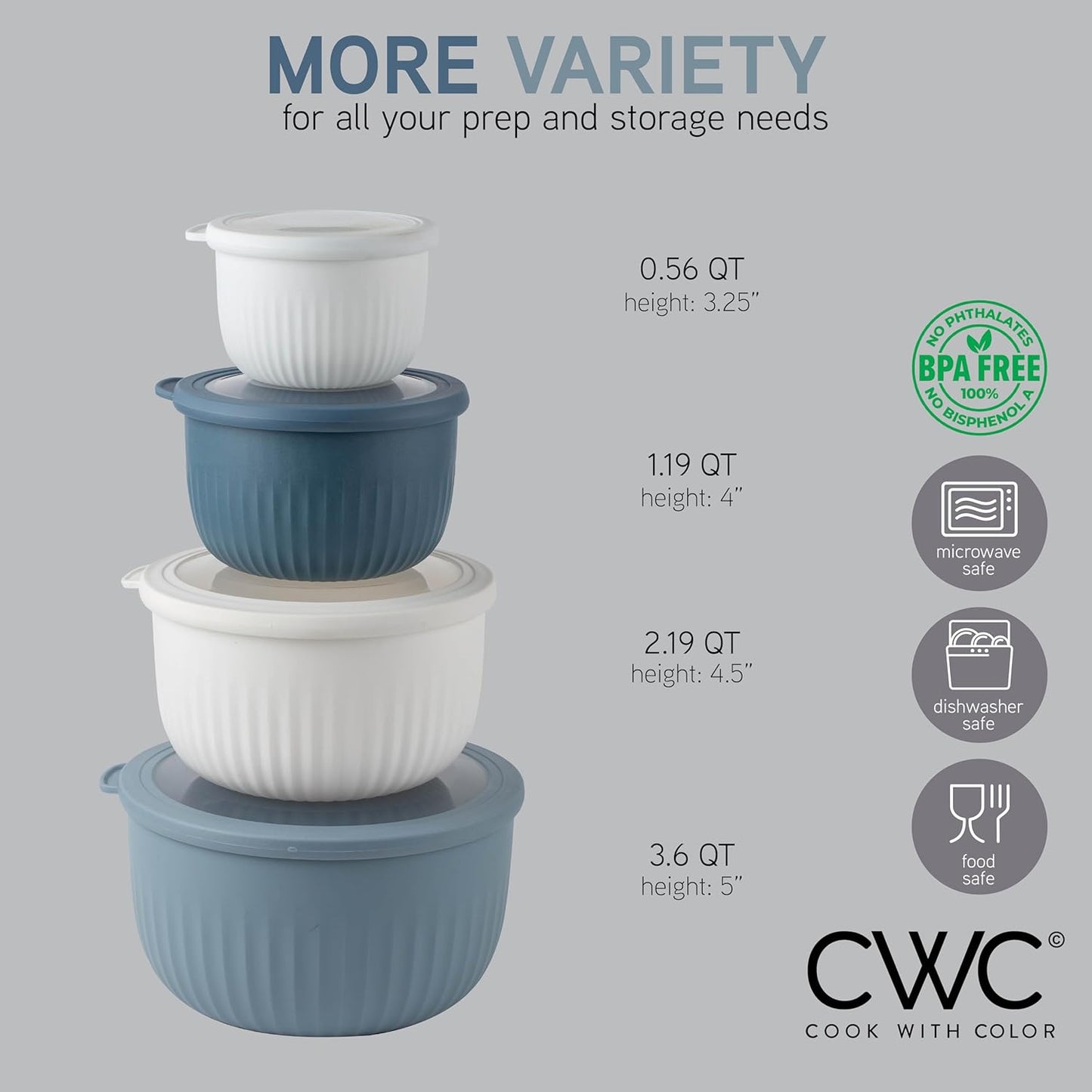 COOK WITH COLOR Prep Bowls with Lids- Wide and Deep Nesting Plastic Small Mixing Bowl Set with Lids, 8 Piece Set - Deep Bowls, Blue/Grey