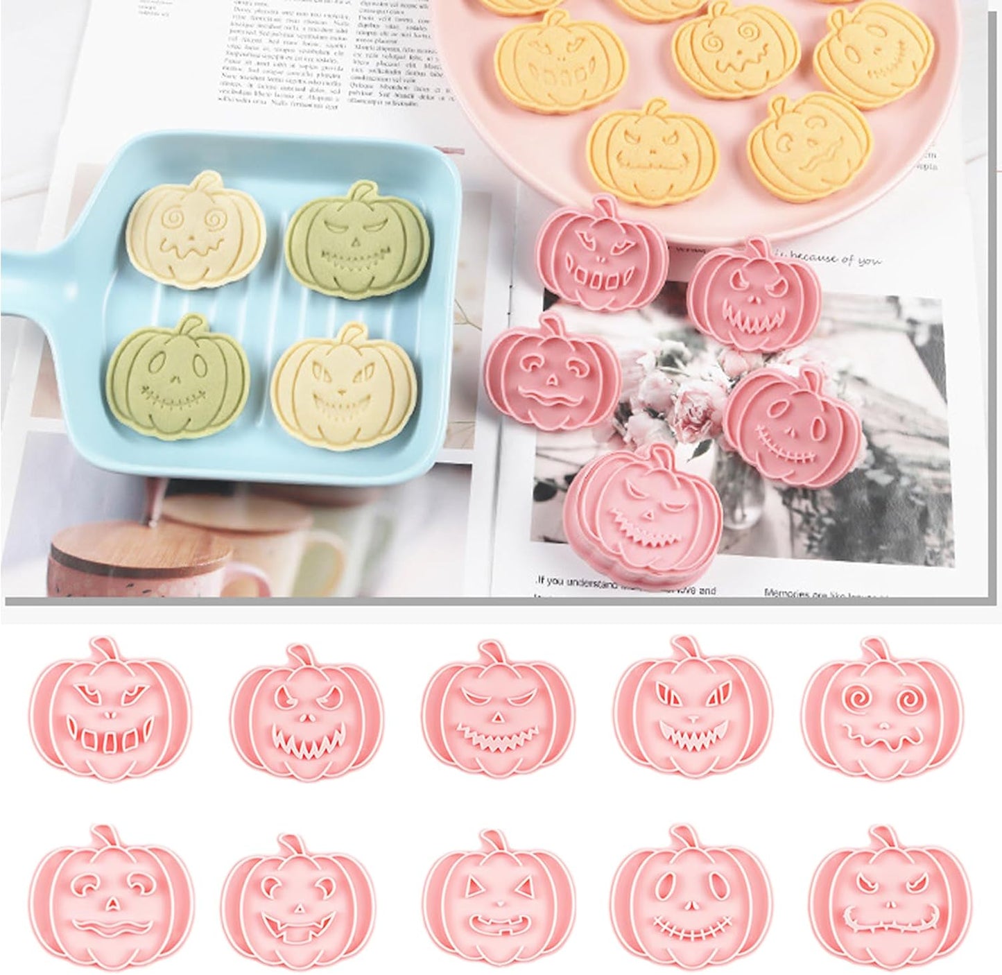 10 Pcs Halloween Cookie Cutters Set with Plunger Stamps, 3D Pumpkin Plastic DIY Cookie Molds for Halloween Party Treat, Baking, Fondant, Cake Decor (F10)