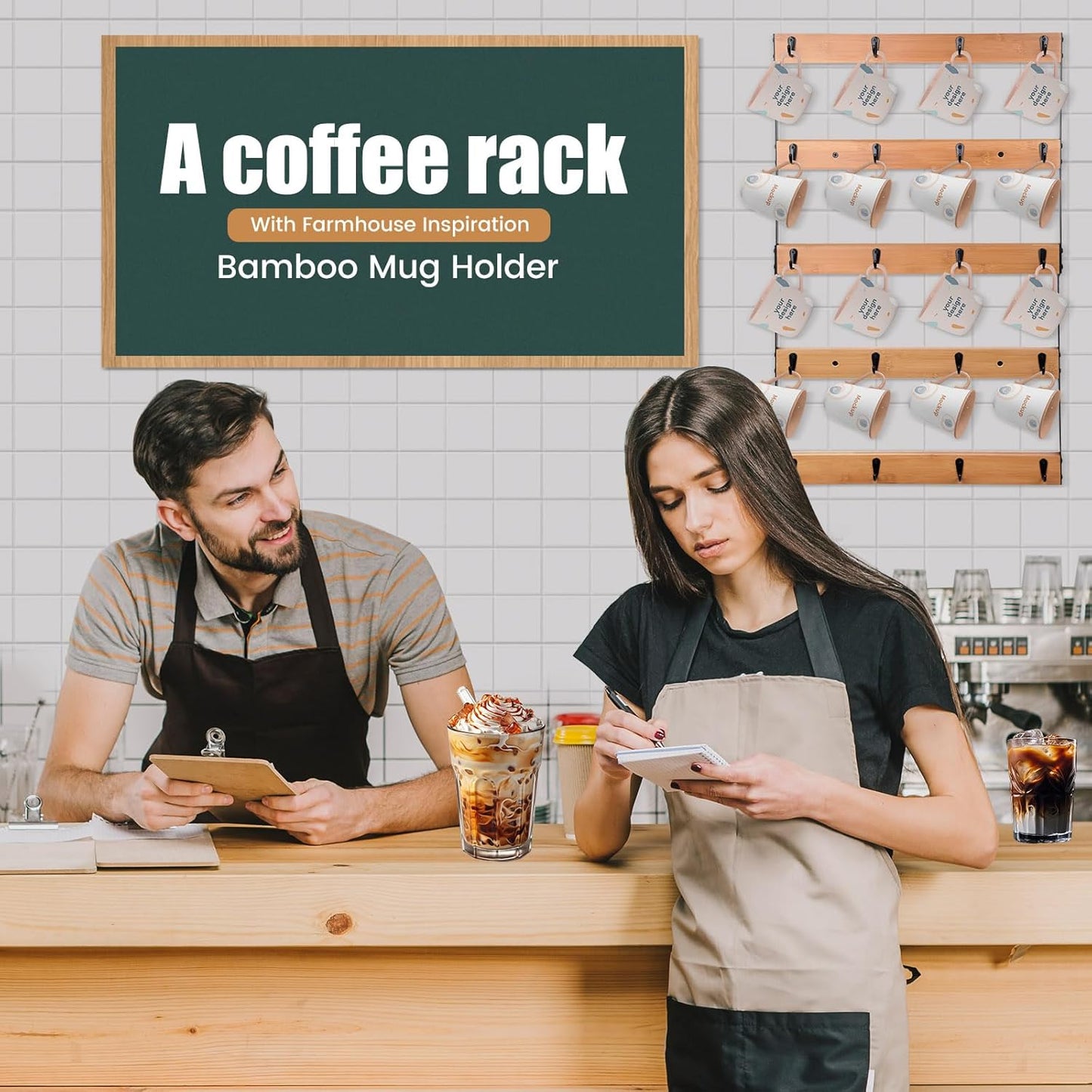 Wall Mounted Coffee Mug Holder, Large 5 Tier Shelf with 20 Hooks for Cups, Rustic Wooden Display Rack for Kitchens, Homes and Bars (Bamboo) 