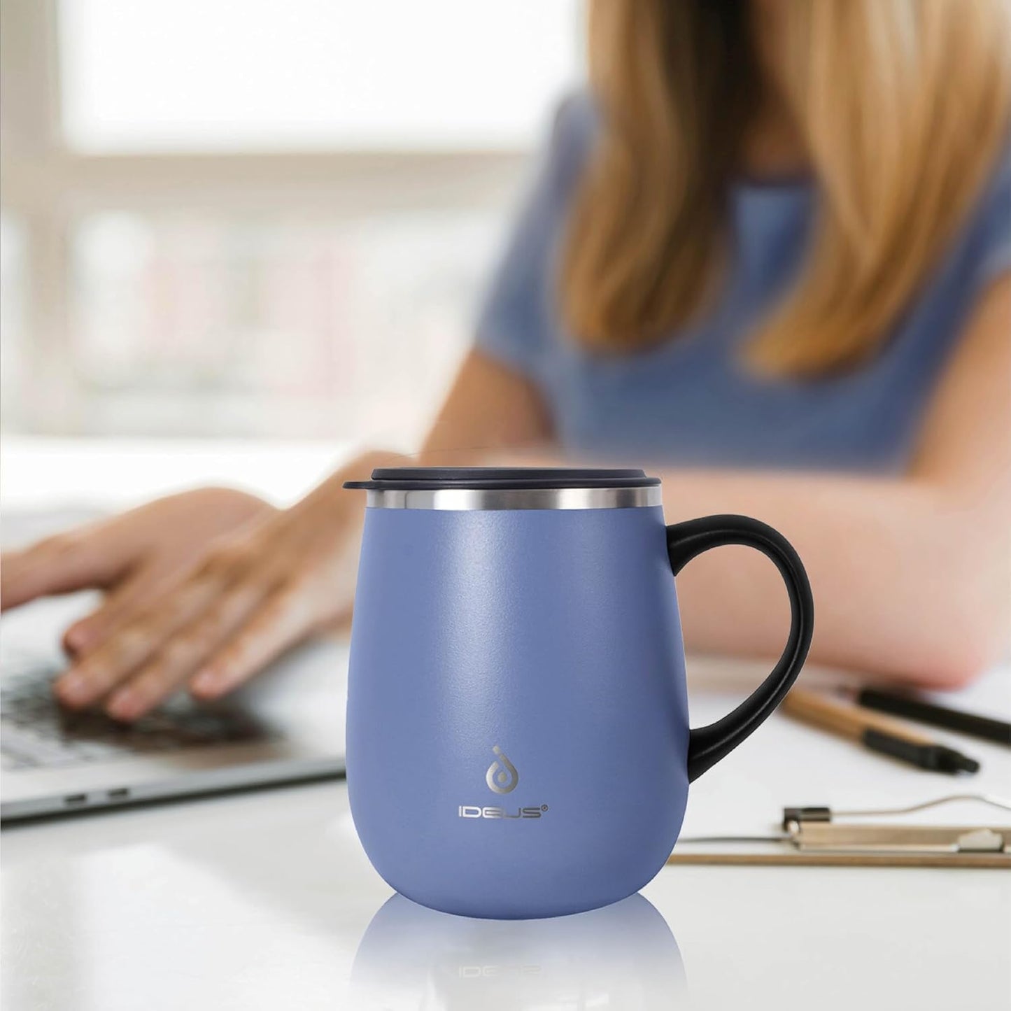 Ideus 16 oz Insulated Coffee Mug with Handle and Lid, Double Wall Stainless Steel Vacuum Thermal Coffee Mug, Travel Coffee Cup Thermal Cup for Home and Office, Ocean Blue