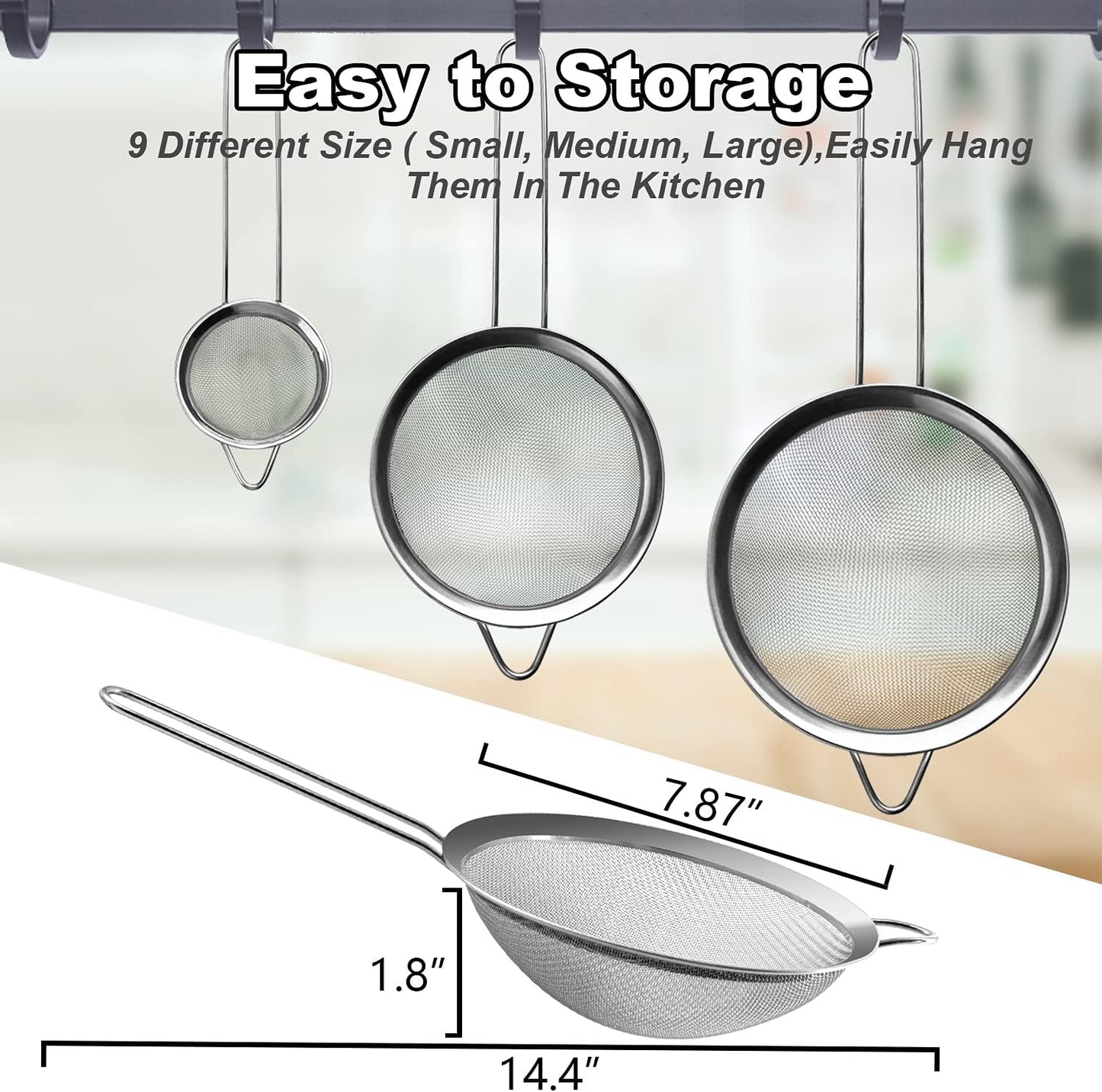 Anaeat Fine Mesh Strainers - Premium Stainless Steel Colander Sieve Sifters, with Durable Mesh and Sturdy Handle, Excellent for Sifting Dry ingredients, Flour, Pastas, Rice, Tea (7.87")