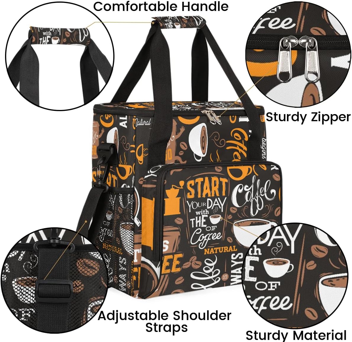 coffee beans cup yellow Coffee Maker Carring Bag Travel Carrying Storage Tote Bag Compatible with Keurig K-Mini or K-Mini Plus Portable Single Serve Coffee Brewer Case with Pockets for K-cup Pods