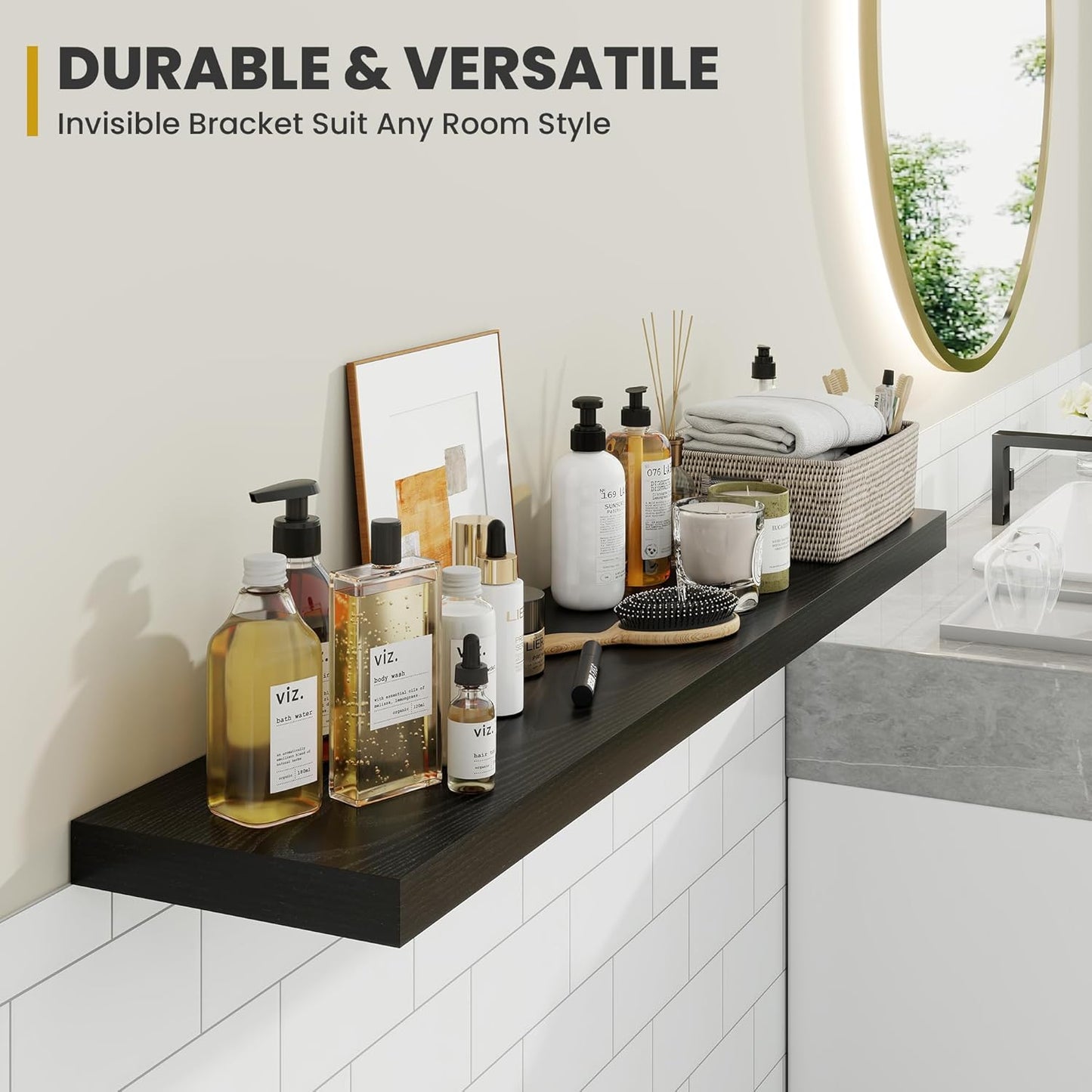 48 Inch Floating Shelves, 9.3" Deep Floating Shelf Wall Mounted, 48" Wall Shelves, Rustic Deep Bookshelf, Large Display Shelves & Storage Shelves for Bedroom, Living Room, Black, Set of 1