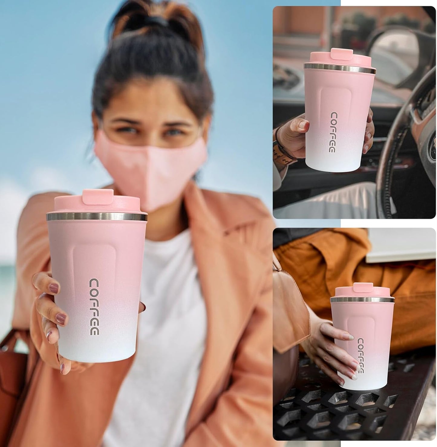 YINBAOGE Insulated Travel Coffee Mug Spill Proof Leak Proof Pobtable To Go Camping Stainless Steel Coffee Tumbler Reusable Coffee Cups with Lids Thermos for Hot and Cold Drink (2nd-Pink White, 12 OZ)