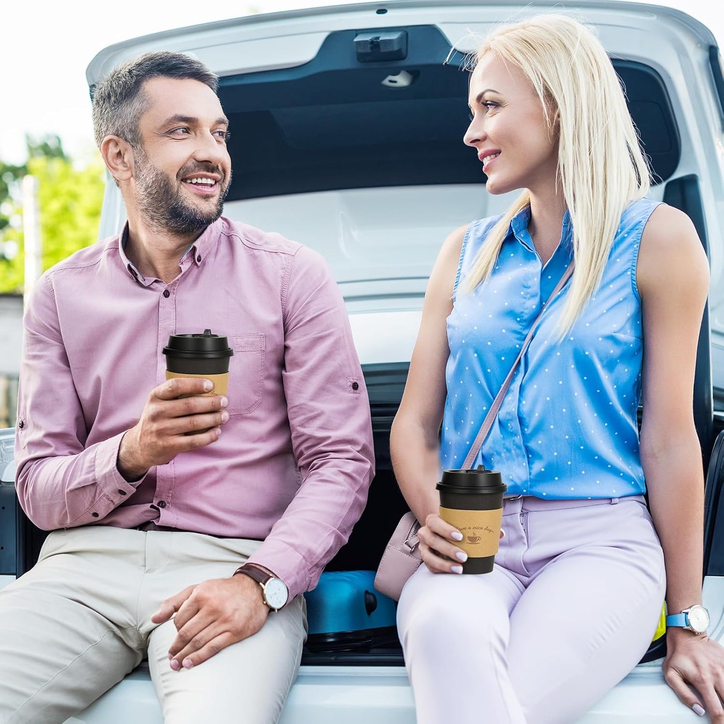 LITOPAK 100 Pack 12 oz Paper Coffee Cups for Hot Chocolate Drinks, Black Disposable Coffee Cups with Lids, Sleeves and Stirring Sticks for Parties, Picnic, Travel, and Events