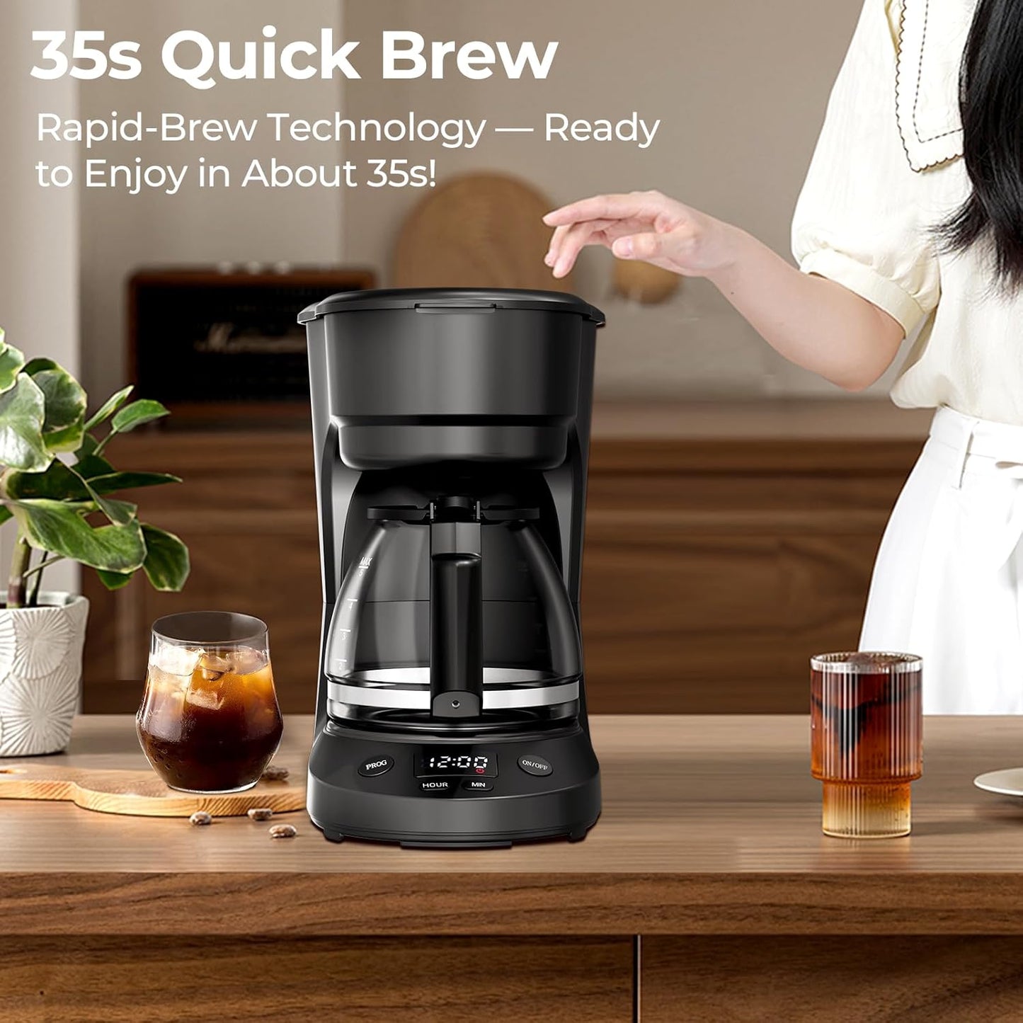 5-Cup Drip Coffee Maker with 24h Programmable Timer, Compact Coffee Machine with Food-grade Glass Carafe, 2h Keep Warm with Auto Shut-off, Delay Brew, 25oz Water Tank, Ideal for Home/Office