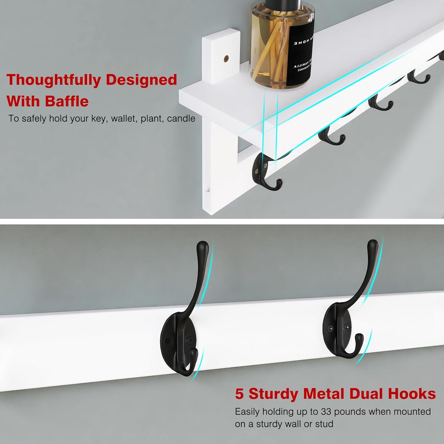 SMIBUY Coat Hooks with Shelf Wall-Mounted, 29.2 Inch Entryway Coat Rack for Wall, Bamboo Hanging Shelf with 5 Double Metal Hooks for Bathroom, Bedroom, Kitchen, Living Room (White + Black)