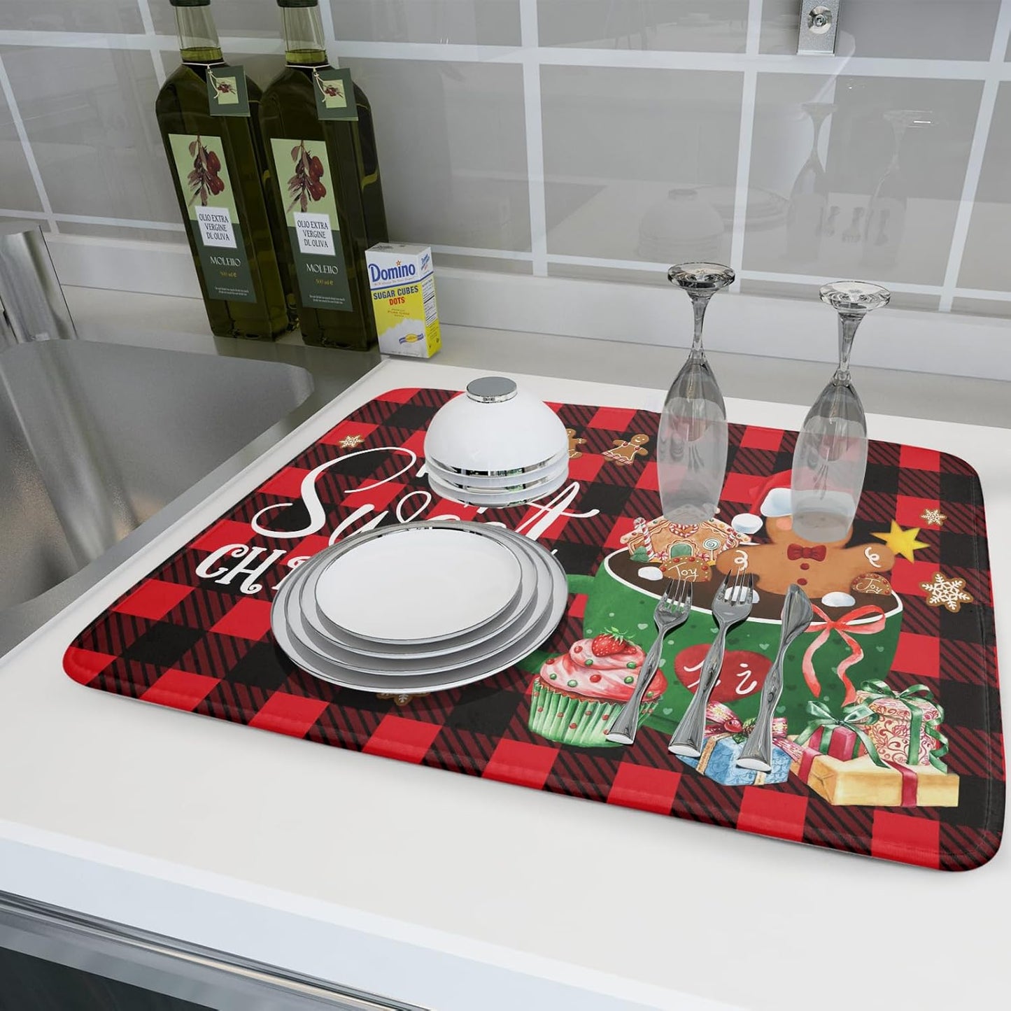 Giwawa Gingerbread Man Dish Drying Mat Large 18x24inch Have A Sweet Christmas Red Black Buffalo Plaids Dish Drainer Mats Winter Hot Cocoa Cookies Fast Drying Dish Drying Pad for Kitchen Counter