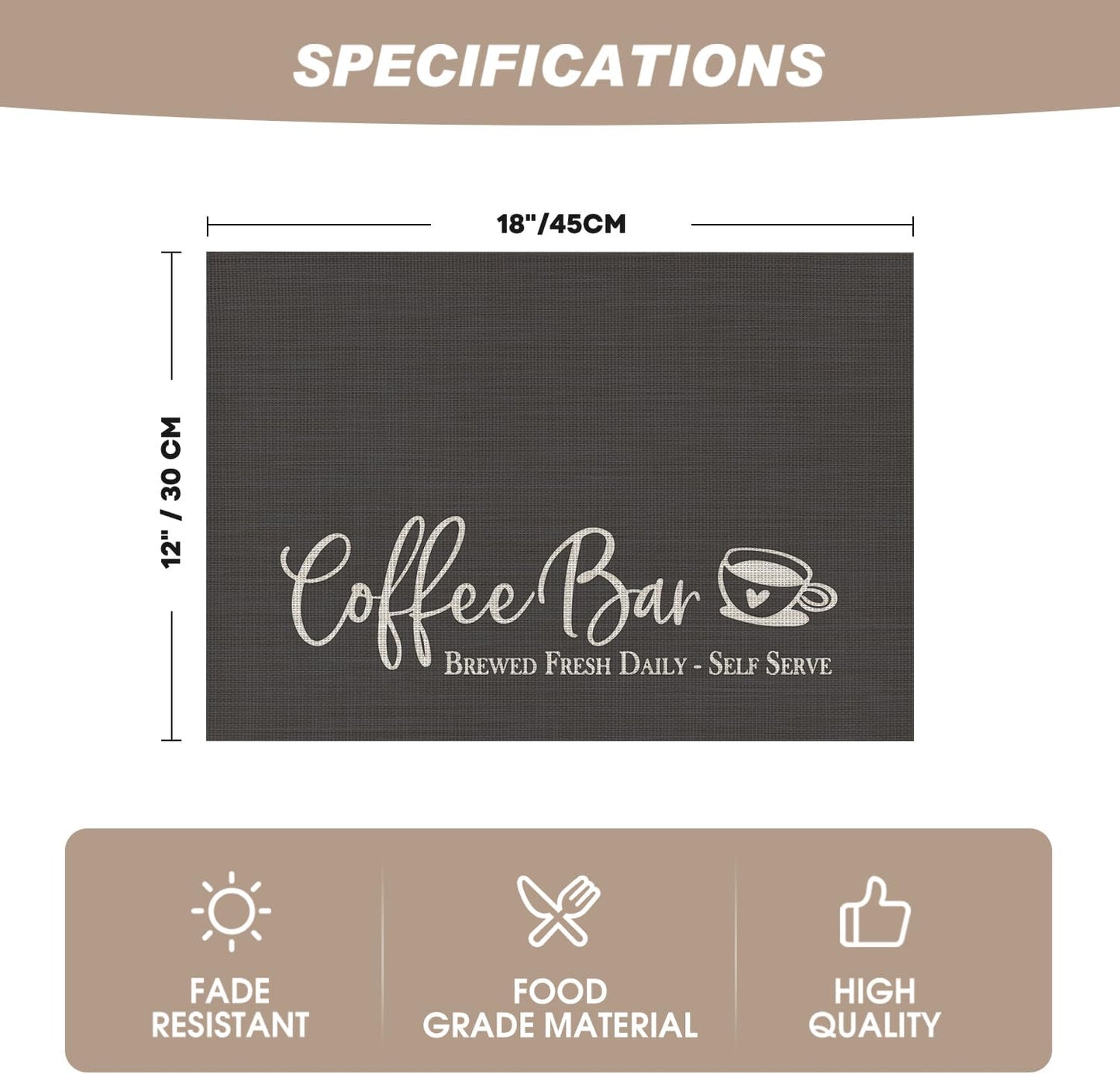 Artoid Mode Coffee Bar Mat Set of 2, Plastic Vinyl Washable Woven Non-Slip Table Mats for Coffee Machine Decor,Dark Gray