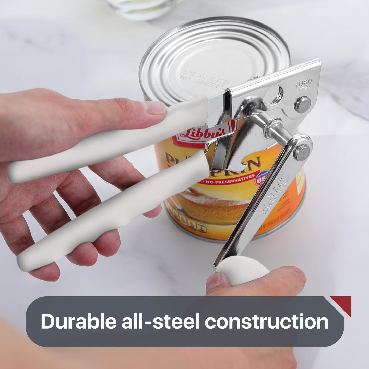 Commercial Can Opener, UHIYEE Hand Crank Can Opener Manual Heavy Duty with Comfortable Extra-long Handles, Oversized Knob, Large Handheld Can Open Easy for Big Cans, White