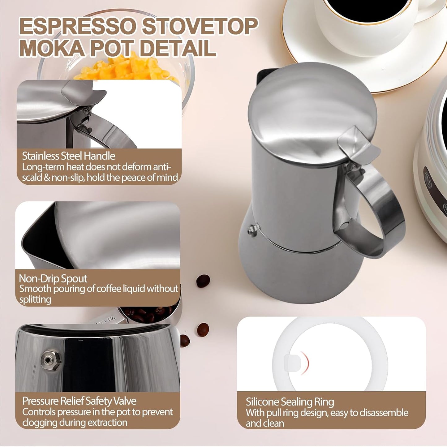 Uncoated 4 Cup Moka Pot 304 Thickened Stainless Steel Coffee Maker Stovetop Espresso Coffeemaker Italian Classic Style Brewing Greca Cafe Mocha Machine for Cafeteras Camping Travel Home 200ml 6.6oz