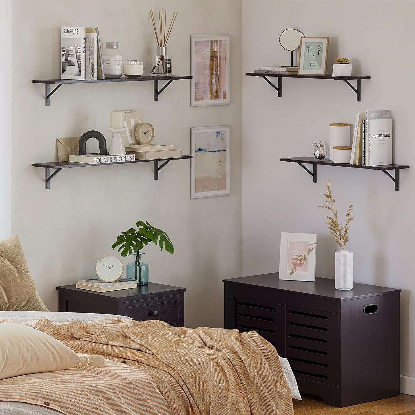 DINZI LVJ Long Wall Shelves, 23.6 Inch Wall Mounted Shelves Set of 2, Easy-to-Install, Storage Ledges with Sturdy Metal Brackets for Living Room, Bathroom, Bedroom, Kitchen, Espresso