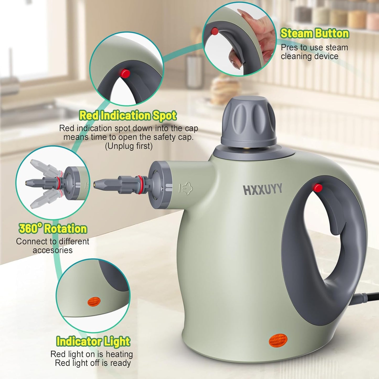 Multi-Surface Handheld Pressurized Steam Cleaner with 13 PCS Accessory ,Portable Steamer for Cleaning, Multipurpose Steam Cleaner for Home/Car/Bathroom/Grease/Upholstery/Floor/Grout and More (Green)